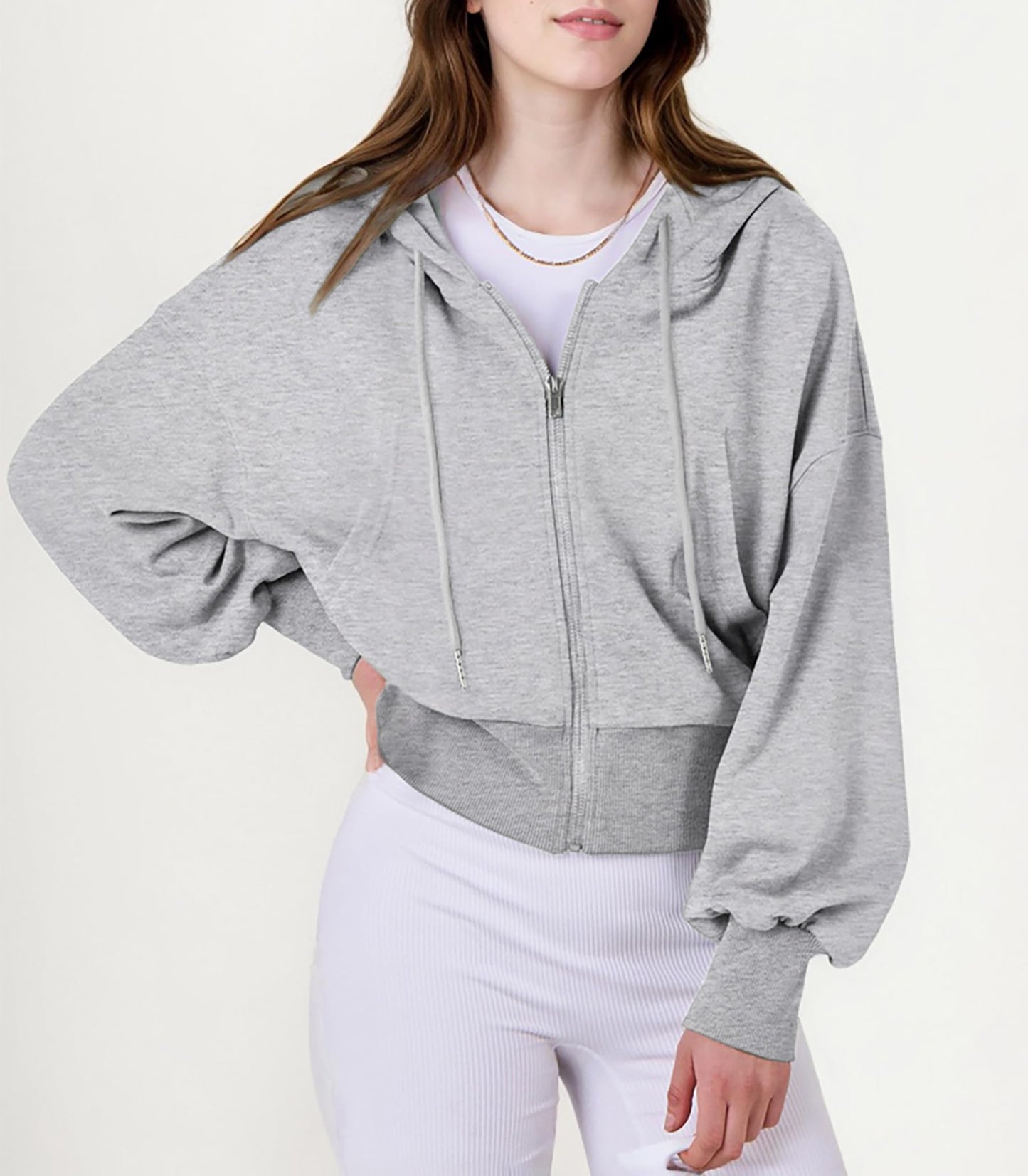 Jhsnjnr Women’s Cropped Zip-Up Hooded Sweat Jacket