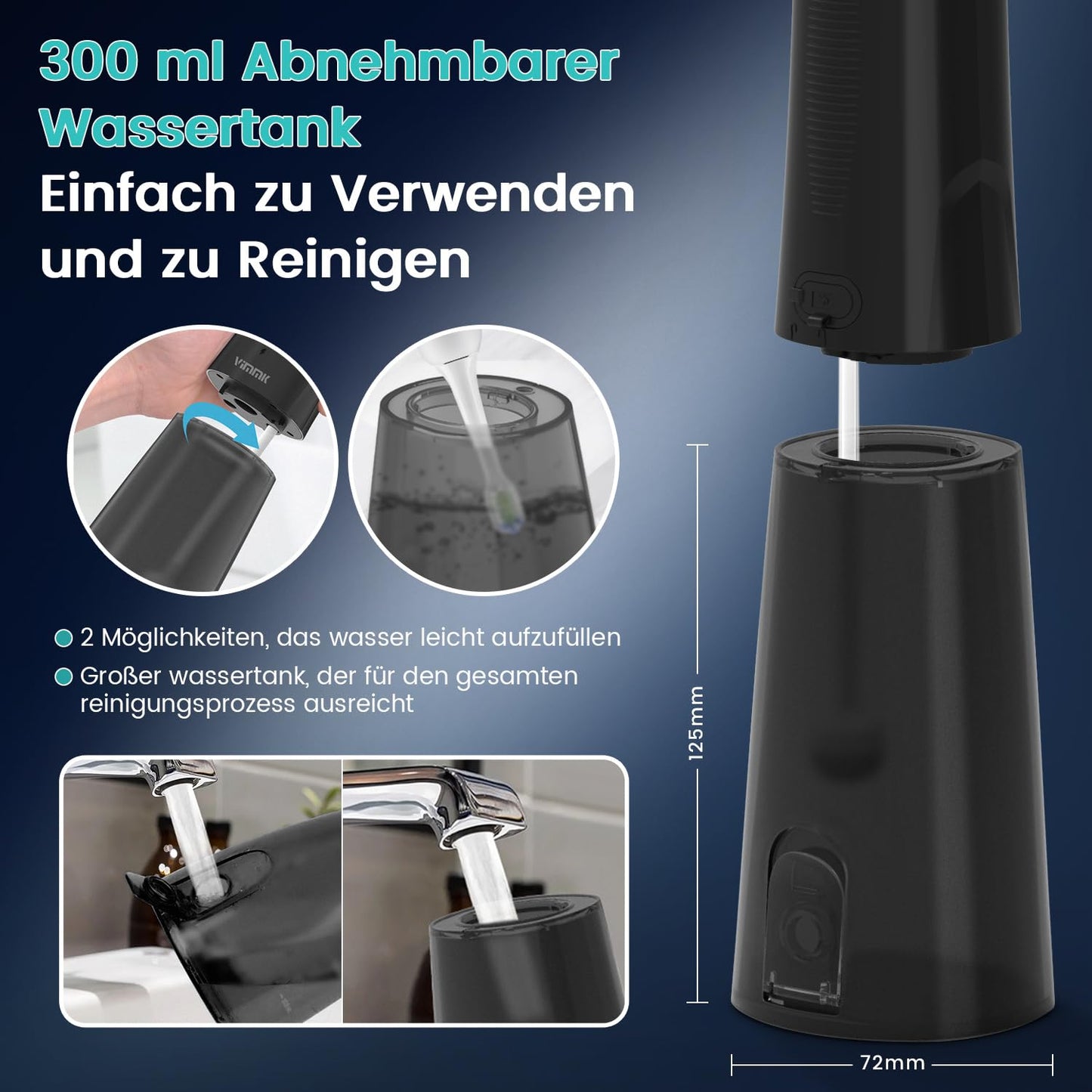 Munddusche Kabellos Elektrischer Zahnreiniger, Vimmk Zahndusche Water Flosser 5 Modi & 8 Düsen USB-C Wiederaufladbare Wasser Flosser IPX7 Wasserdicht, 300ML Wassertank Mund Reiniger(Schwarz)