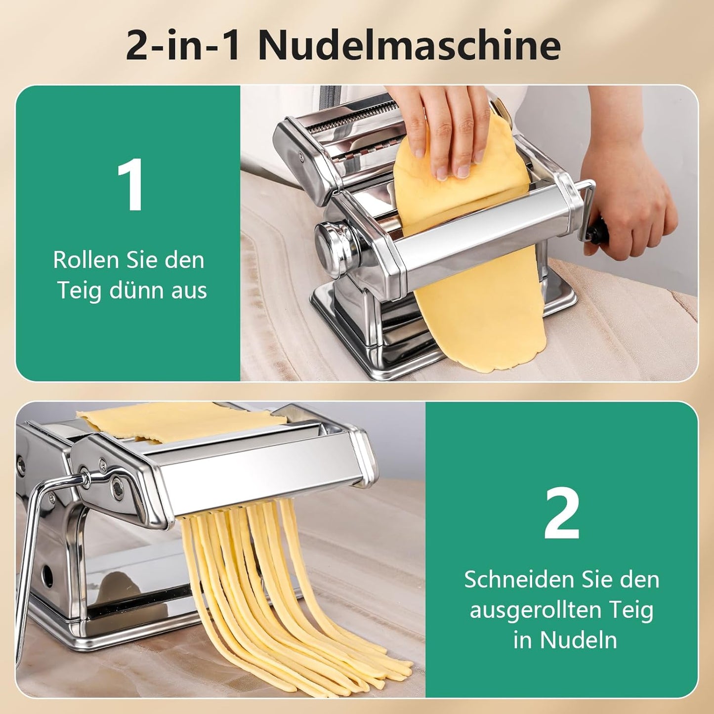 Manual pasta machine, stainless steel pasta maker with two widths, roller and cutter made of stainless steel with 7 adjustable thicknesses for pasta, spaghetti, fettuccine, lasagna