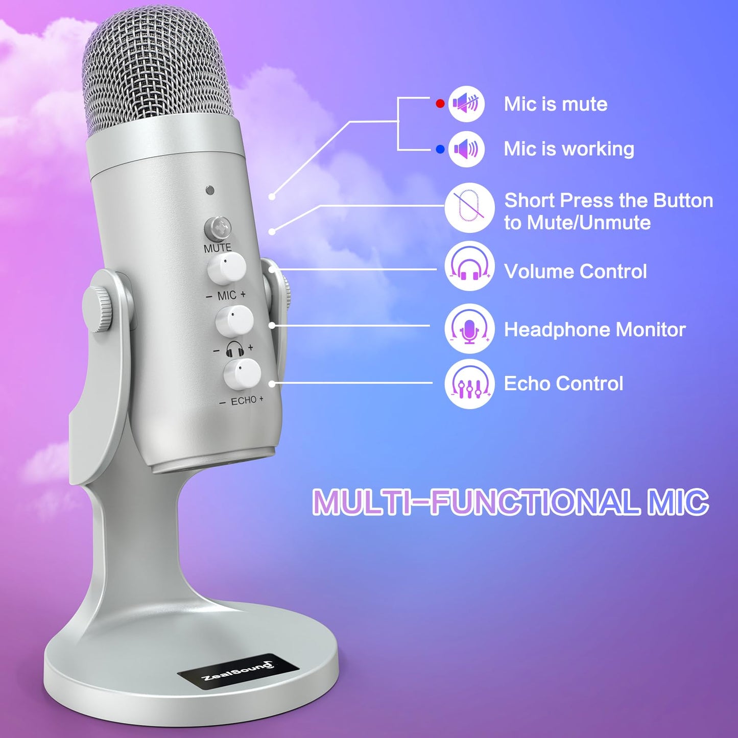 zealsound USB Mikrofon, Kondensator Mikrofon für PC Handy, PS4, PS5, Microphone PC USB C für Gaming, Podcast,Aufnahmen,Streaming,ASMR mit Stumm/Gain/Echo, Adapter für Phone,Kompatibel mit Mac, Winows