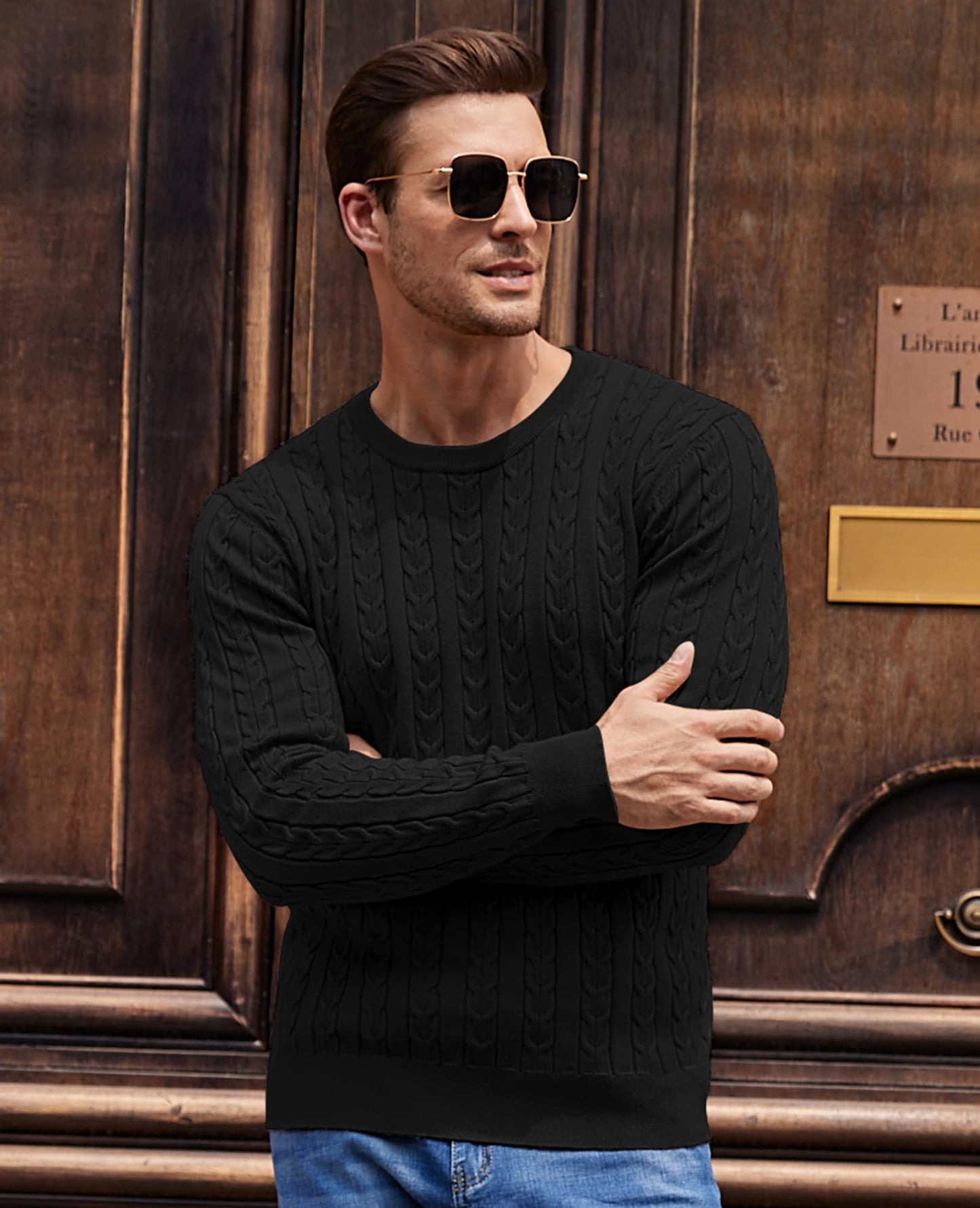 NITAGUT Men’s Cable Knit Sweater – Slim Fit Crewneck Pullover