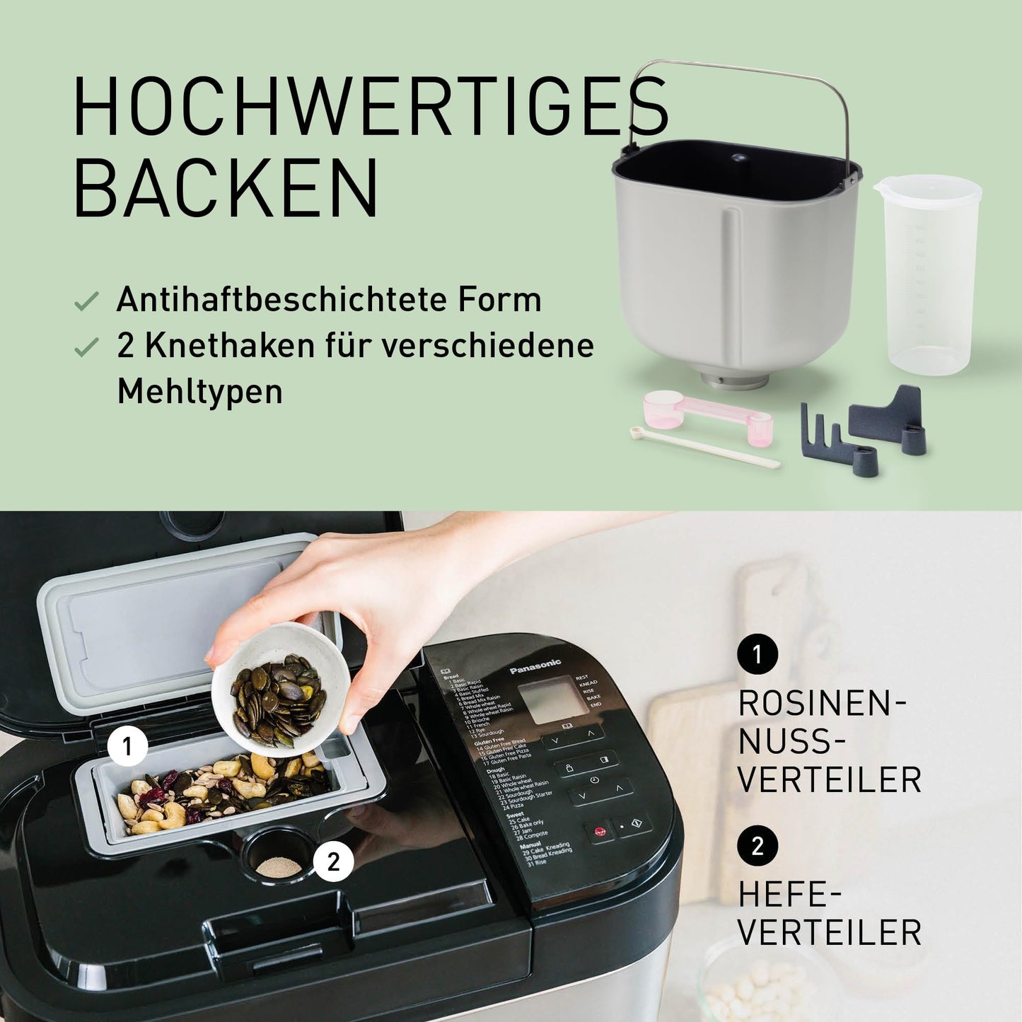 Panasonic Premium Grau Vollautomatischer Brotbackautomat, horizontales Design und Hefespender, 32 automatische Programme, zwei Temperatursensoren, 13-Stunden-Zeitvorwahl, Grau