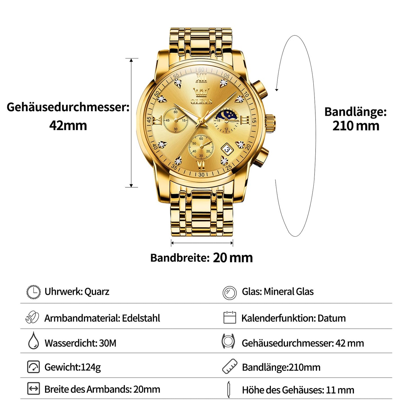 OLEVS Uhren Herren, Edelstahl Analoger Quarzuhr, Multifunktionale Diamanten Herrenuhren, Klassisches Luxuskleid Herrenuhr