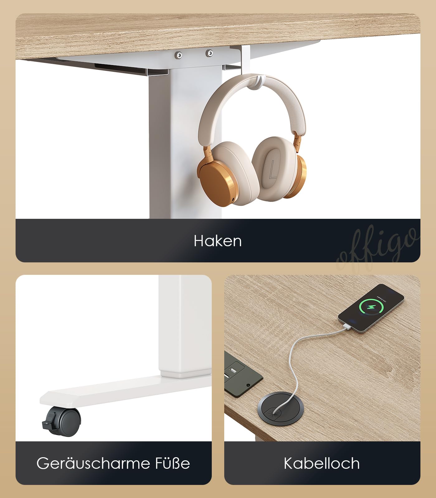 OffiGo Höhenverstellbarer Schreibtisch, 180cm, Elektrischer Schreibtisch mit USB, Schreibtisch Höhenverstellbar mit 2 Memory Funktion, Tisch Höhenverstellbar für Büro, Zuhause, Gaming, Schwarz