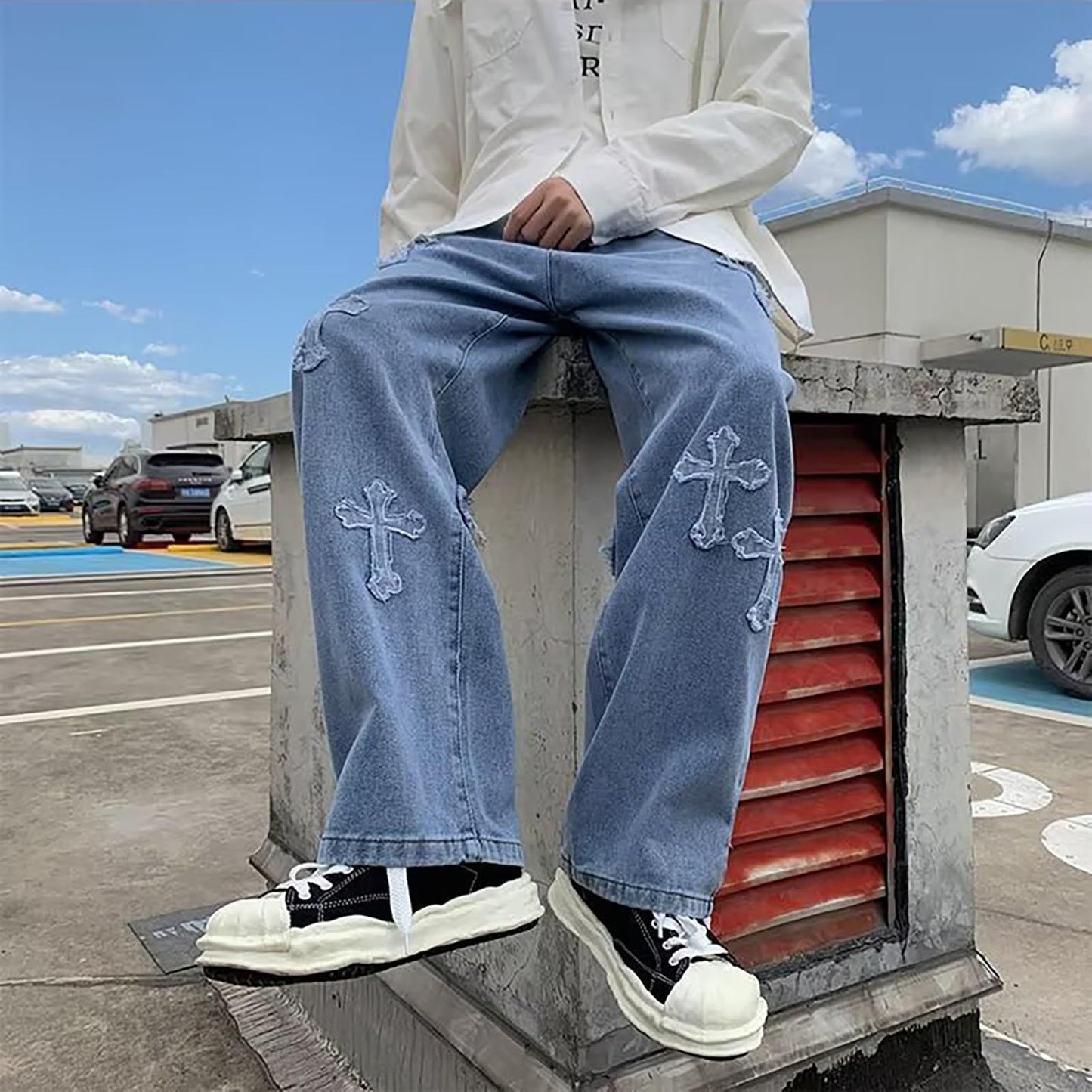 Y2K Vintage Effect Baggy Jeans for Men with Cross Print