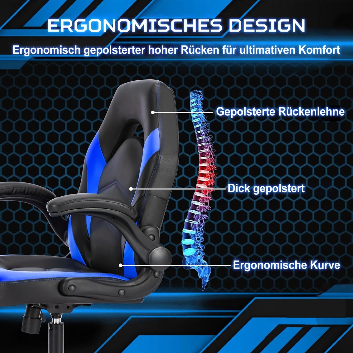 DUMOS Gaming Chair - Ergonomic Gaming Chair, Adjustable Swivel Gaming Chair Made of PU Leather with Folding Armrests, Suitable for Home, Offices etc. (Black-Gray)