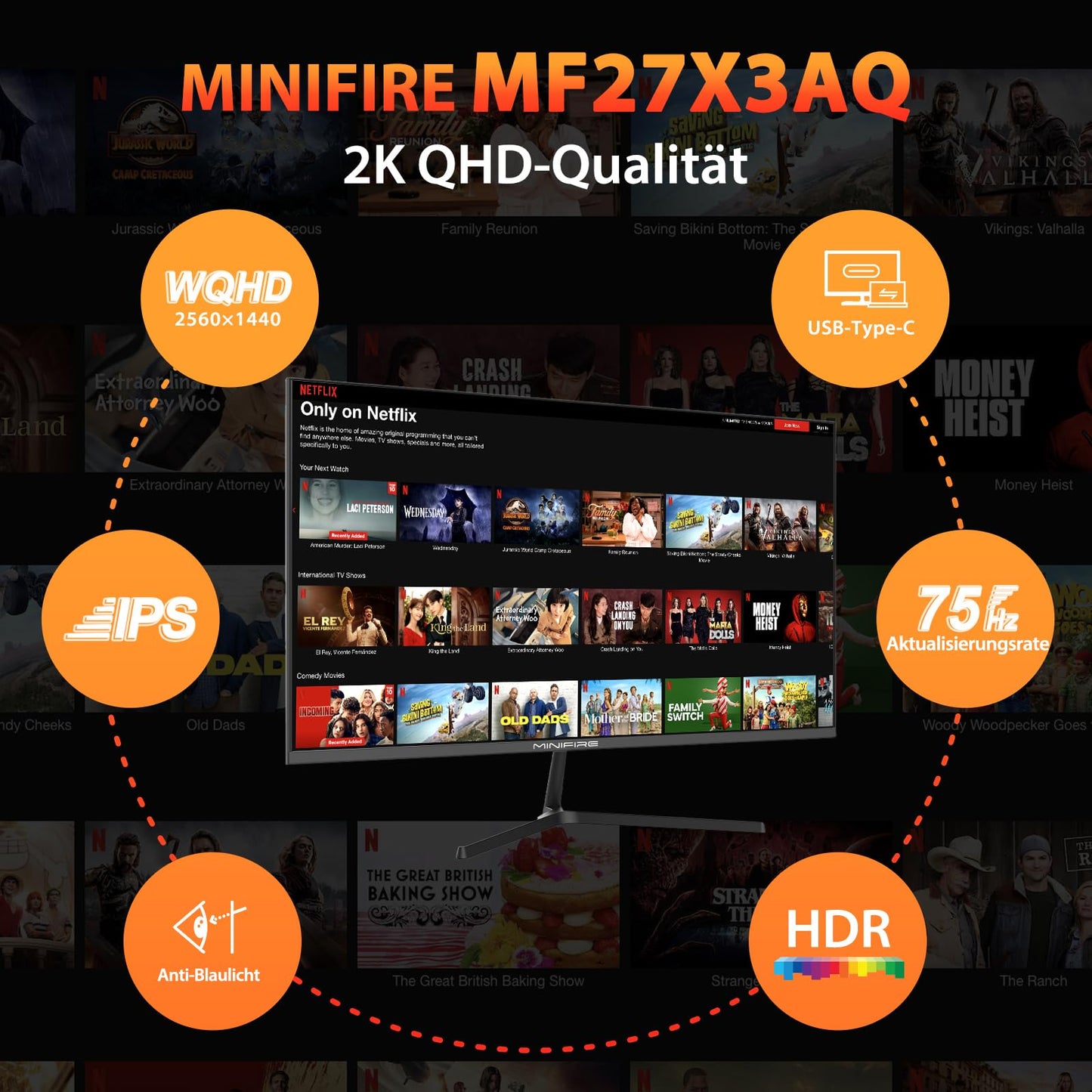 Minifire 24 Inch Monitor, 100 Hz, IPS, Full HD (1920 x 1080), AMD FreeSync, sRGB110%, Frameless Screen, Eye Care, HDMI Type-C, Adjustable Tilt, VESA (MF24X3A Type-C Cable Included)