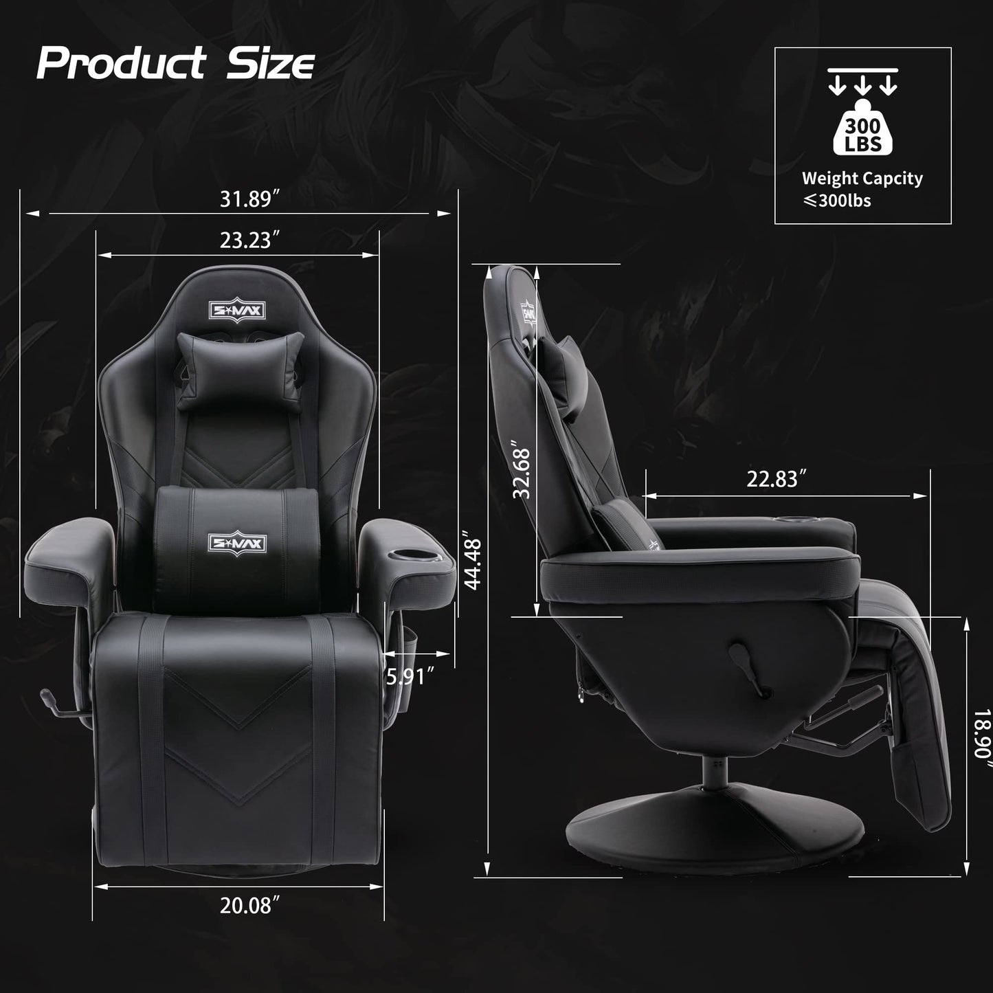S*MAX Gaming Stuhl mit Fußstütze Gaming Sessel hoher Rückenlehne mit Verstellbarer Rückenlehne Becherhalter Seitentasche Gaming Stühle für Erwachsene Schwarz