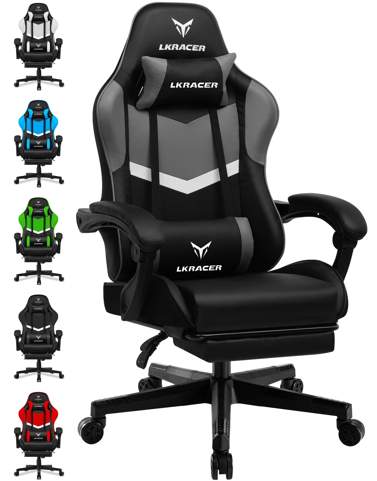 LUCKRACER Gaming Stuhl mit fußstütze Bürostuhl Ergonomisch mit verstellbare Lendenkissen, Kopfkissen Gaming Chair,Höhenverstellbarer Gamer Stuhl, 150 kg Belastbarkeit Grau