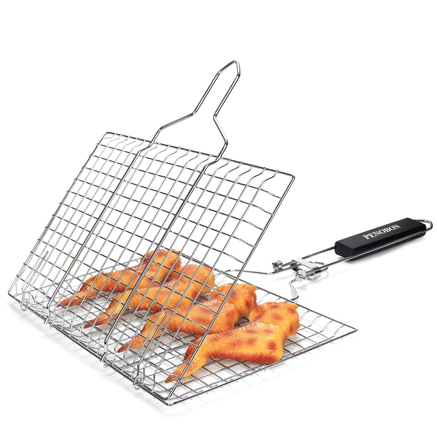 penobon Fisch-Grillkorb, faltbar, tragbarer Edelstahl-Grillkorb für Fischgemüse, Garnelen mit abnehmbarem Griff, mit Backpinsel und Aufbewahrungstasche (Tipo 1)