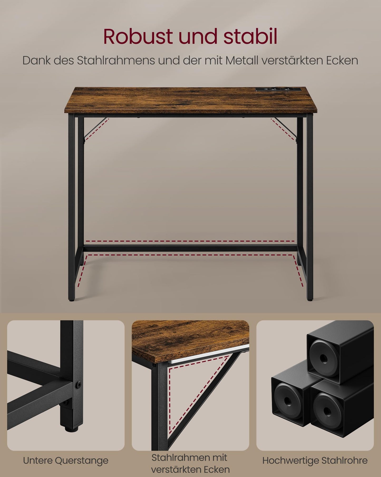 VASAGLE Schreibtisch, Gaming-Tisch mit LED-Beleuchtung, Steckdosenleiste, Computertisch, 50 x 100 x 76, platzsparend, für Arbeitszimmer, Homeoffice, vintagebraun-tintenschwarz LWD141B81