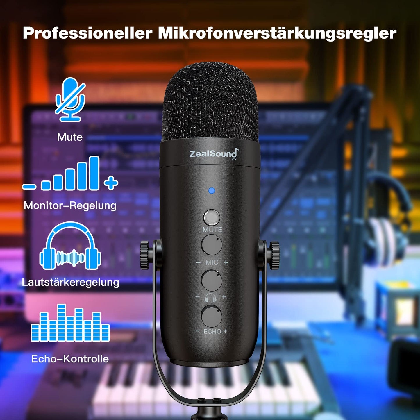 zealsound USB Mikrofon, Kondensator Mikrofon für PC Handy, PS4, PS5, Microphone PC USB C für Gaming, Podcast,Aufnahmen,Streaming,ASMR mit Stumm/Gain/Echo, Adapter für Phone,Kompatibel mit Mac, Winows