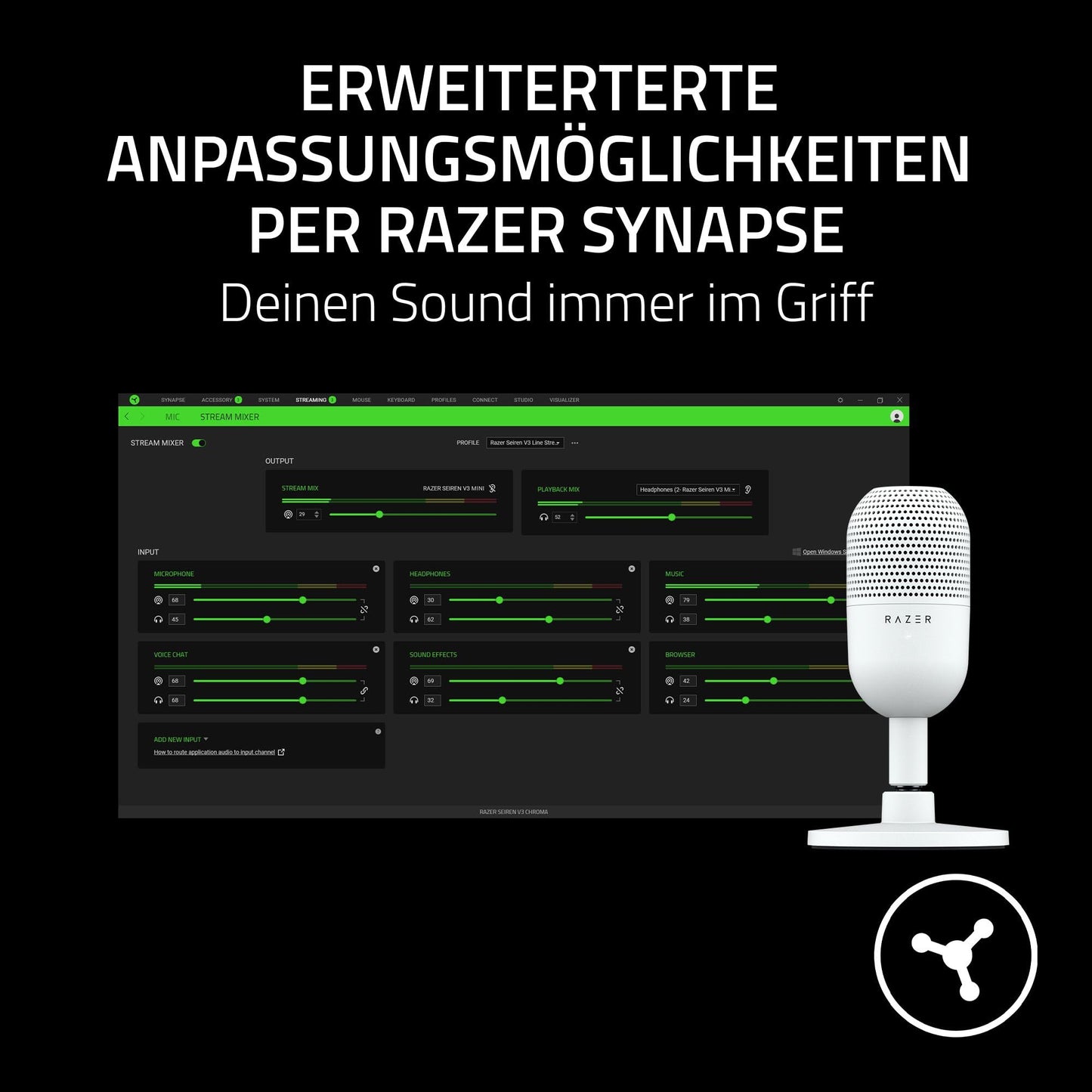 Razer Seiren V3 Mini - Ultrakompaktes USB-Mikrofon (14mm Supernieren Kondensatormikrofon, Tap-to-Mute-Sensor mit LED-Anzeige, integrierter Stoßdämpfer, Plug-and-Play Design) Schwarz