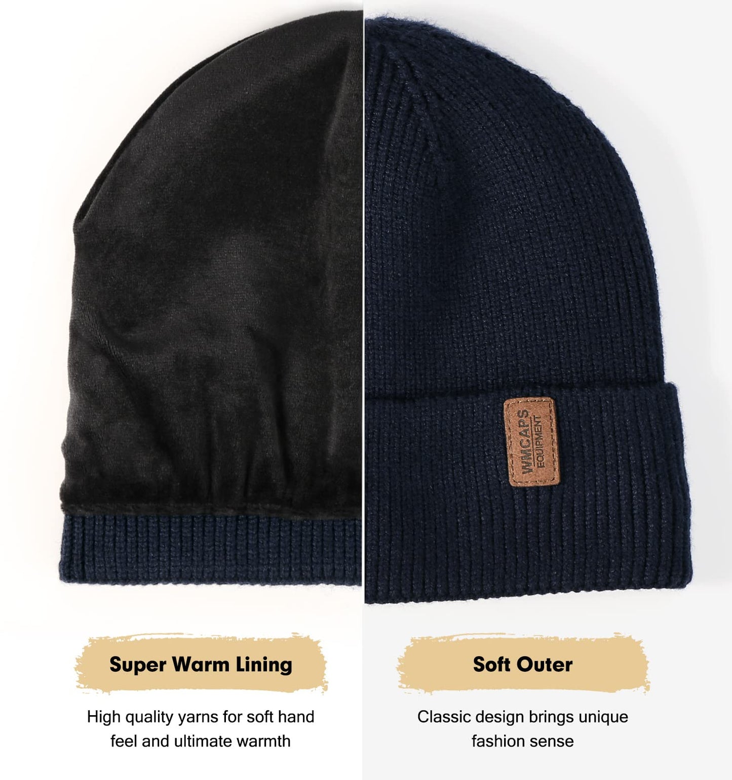 Wmcaps Beanie Mütze, Herren Winter Warme Unisex Wintermütze Strickmütze Dehnbare Weiche Wollmütze mit Bündchen und Dickem Warmem Futter Geschenk für Freundin männer Frauen