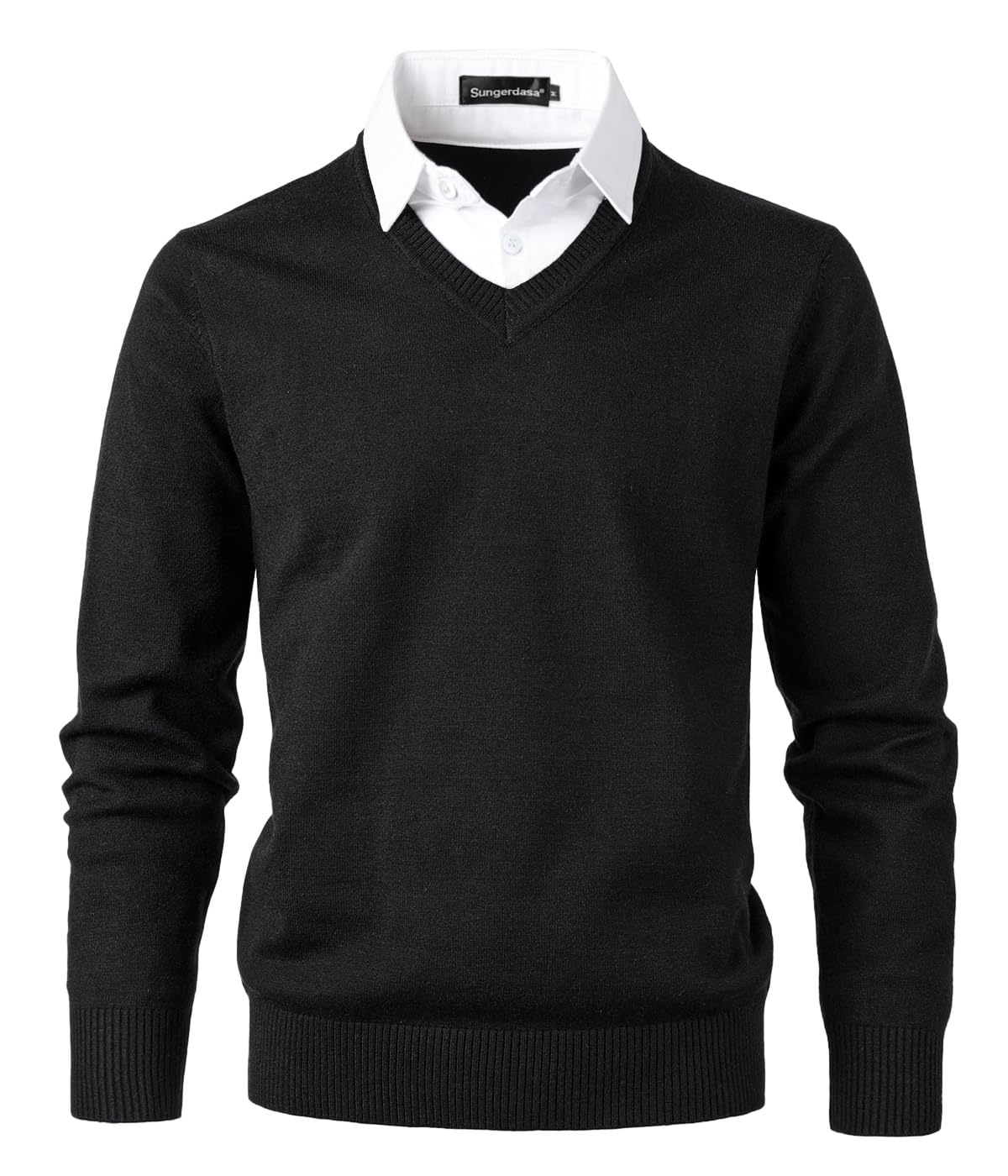 Sungerdasa Men’s 2-in-1 Mock Shirt Collar Sweater – Fine Knit Pullover