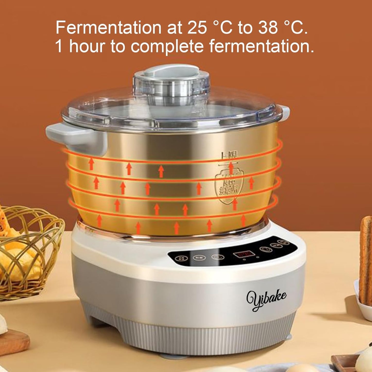 YIBAKE Dough Kneading Machine with Fermentation Function, 5L Fully Automatic Dough Machine, 25-38℃ Fermentation Function, Intelligent Timing, 10 Min Fast Kneading