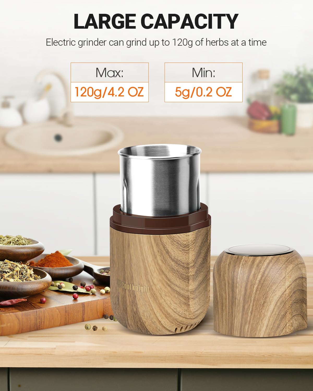 COOL KNIGHT Kaffeemühle Elektrisch, GewürzmüHle, Elektrische Kaffeemühle Mit 304-Edelstahlklinge, Geeignet Für Kaffeebohnen, Gewürze, Kräuter, Getreide, Nüsse.