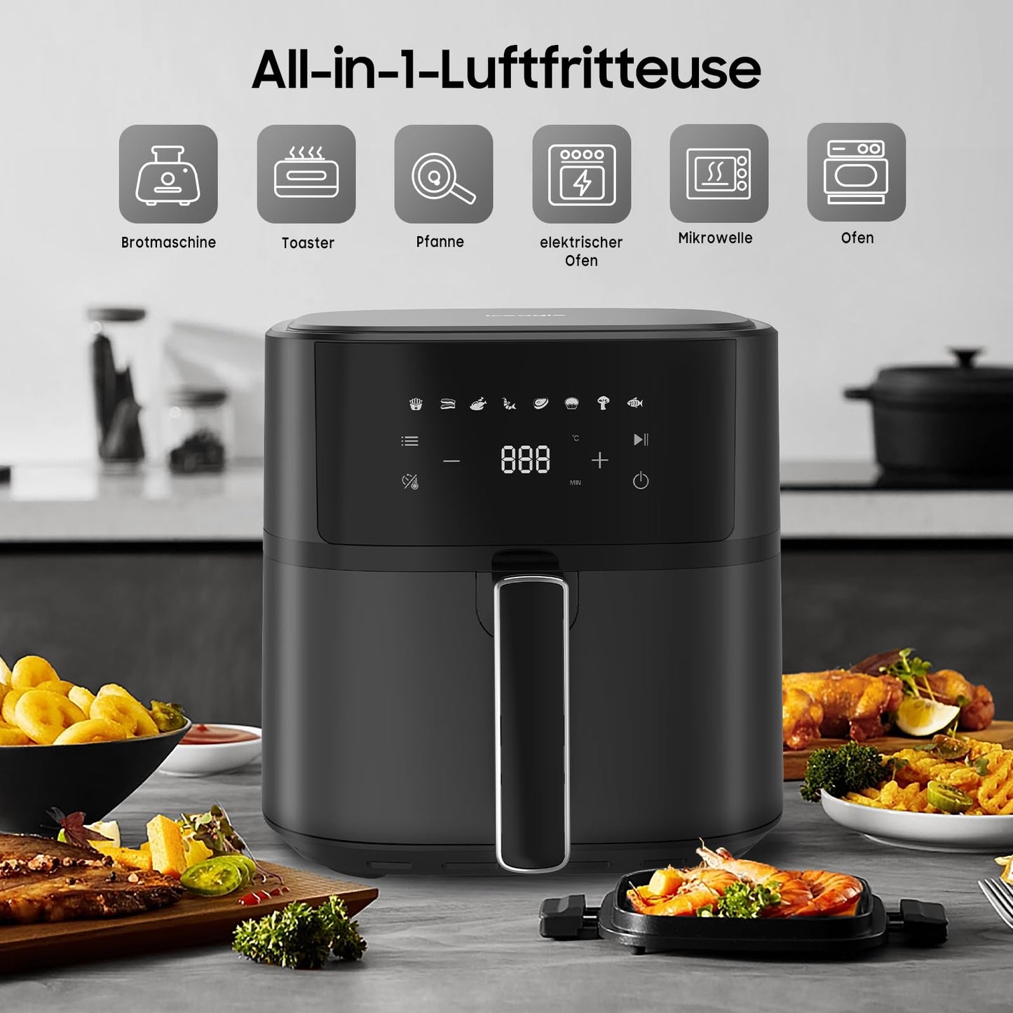 iceagle Heißluftfritteuse 6,5 L Airfryer XL - Fritteuse Ohne Fett mit Metallinnenraum | 1700W Heissluftfriteuse mit 8 Kochprogramme, Digitalem Display, mit deutschem Rezeptbuch
