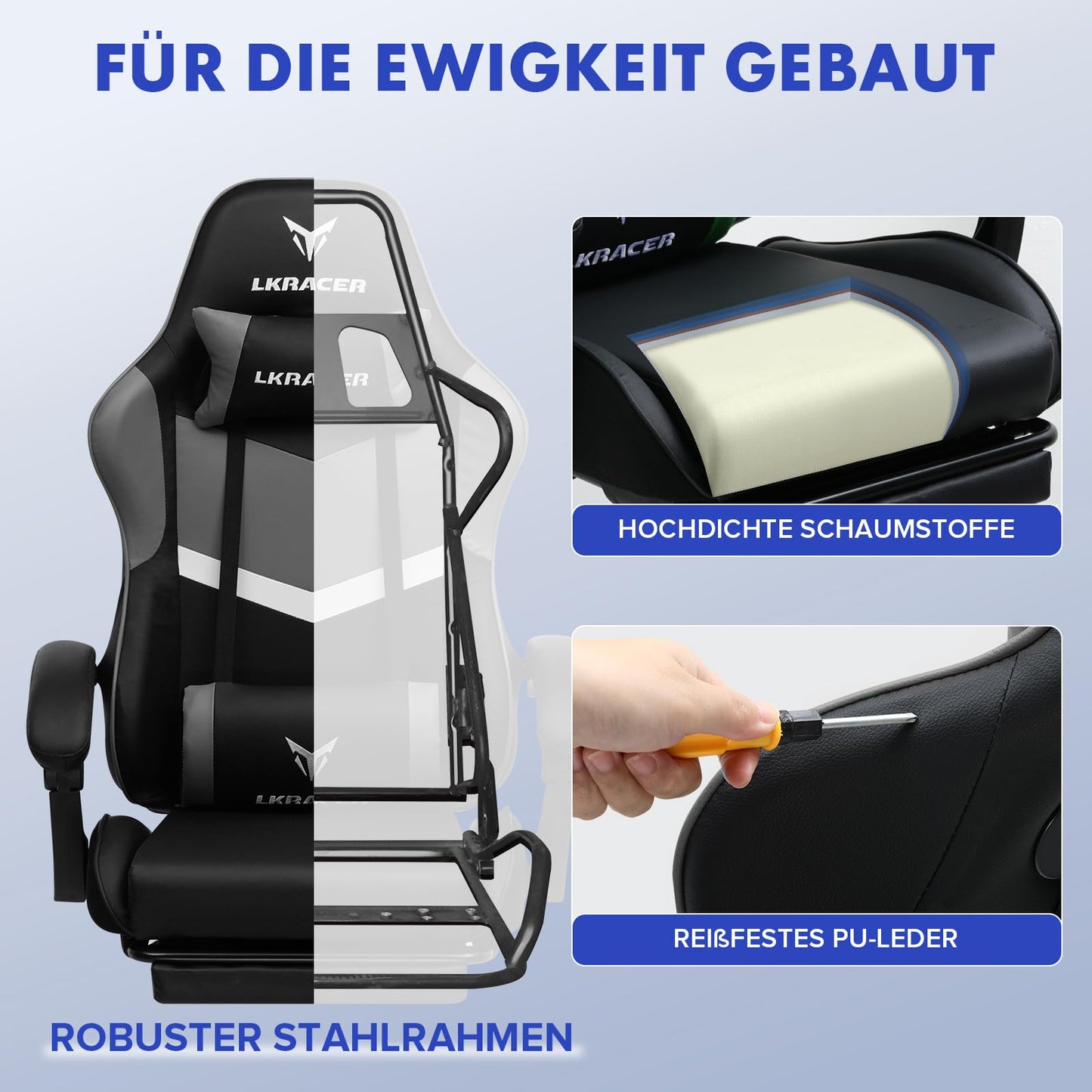 LUCKRACER Gaming Stuhl mit fußstütze Bürostuhl Ergonomisch mit verstellbare Lendenkissen, Kopfkissen Gaming Chair,Höhenverstellbarer Gamer Stuhl, 150 kg Belastbarkeit Grau
