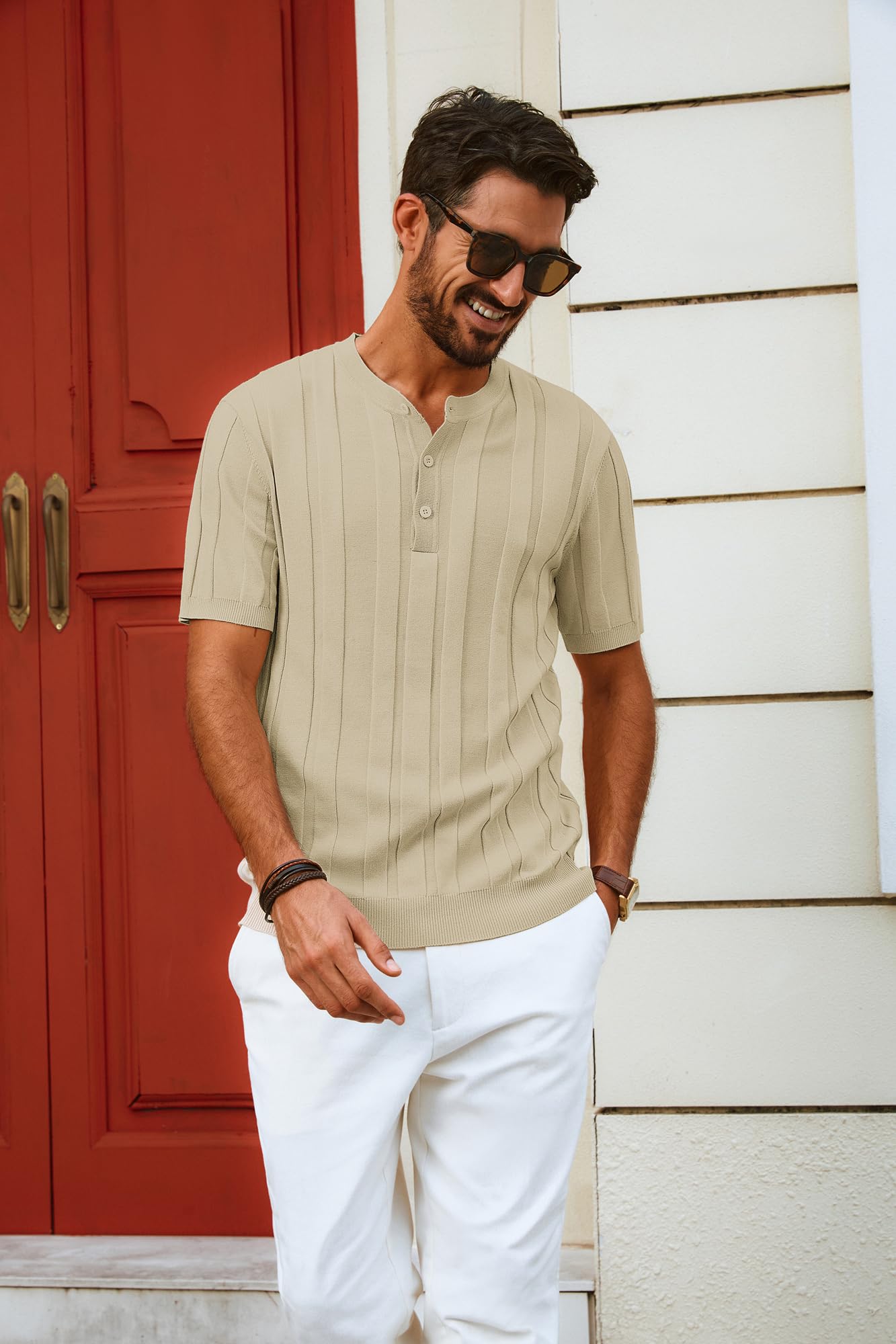 Men’s Henley Knit T-Shirt – Short Sleeve Summer Casual Tee