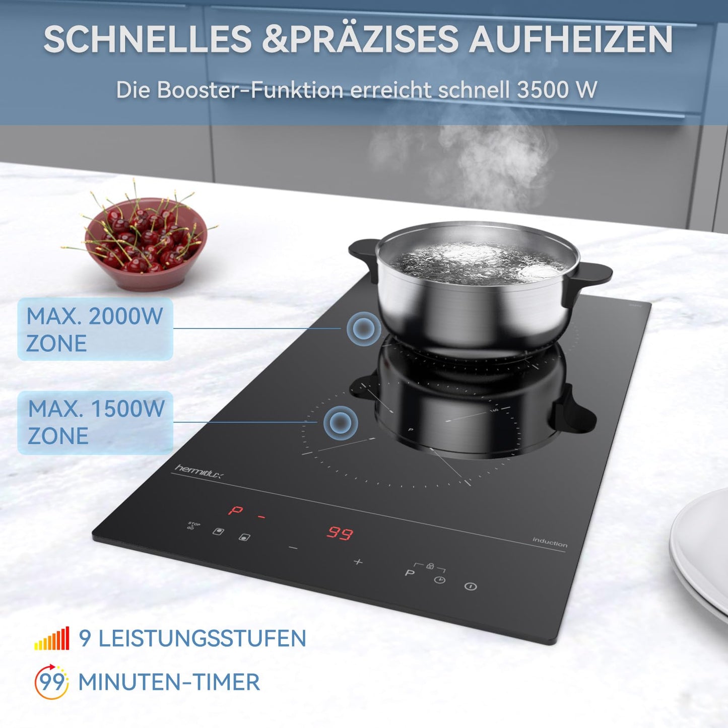 Hermitlux ceramic hob,Built-in 29 cm black glass ceramic electric hob,9 power levels,Sensor touch control, child lock, 1-99 minute timer,Suitable for all pots and pans