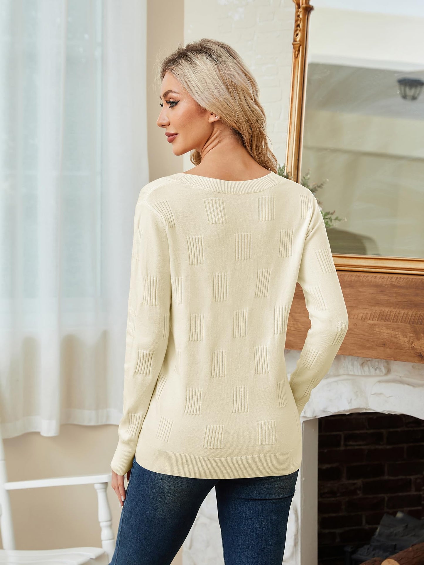 Women’s V-Neck Knit Sweater – Long Sleeve Casual Elegant Pullover
