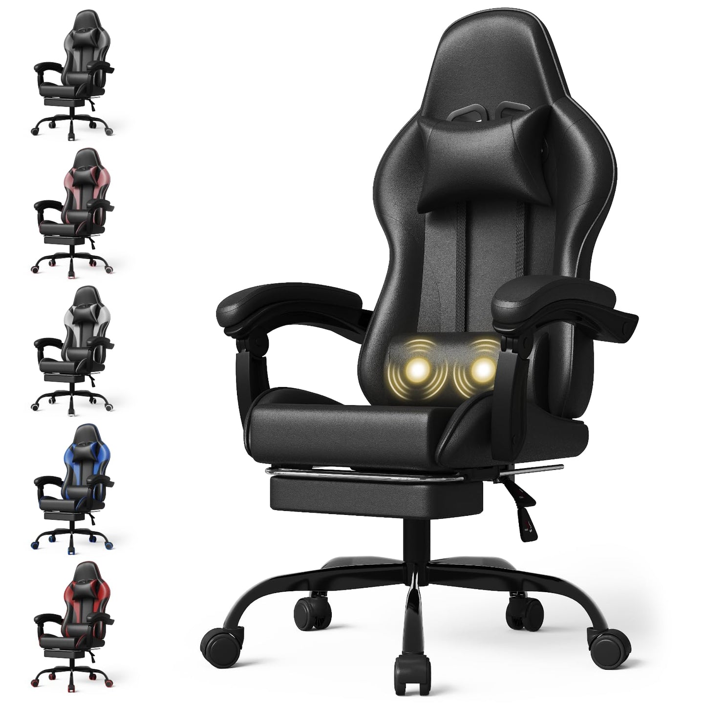 Devoko Massage Gaming Chair, Office Chair with Footrest and Massage Lumbar Cushion, Gamer Chair with Headrest, Ergonomic Gaming PC Chair 150 kg Load Capacity, Black