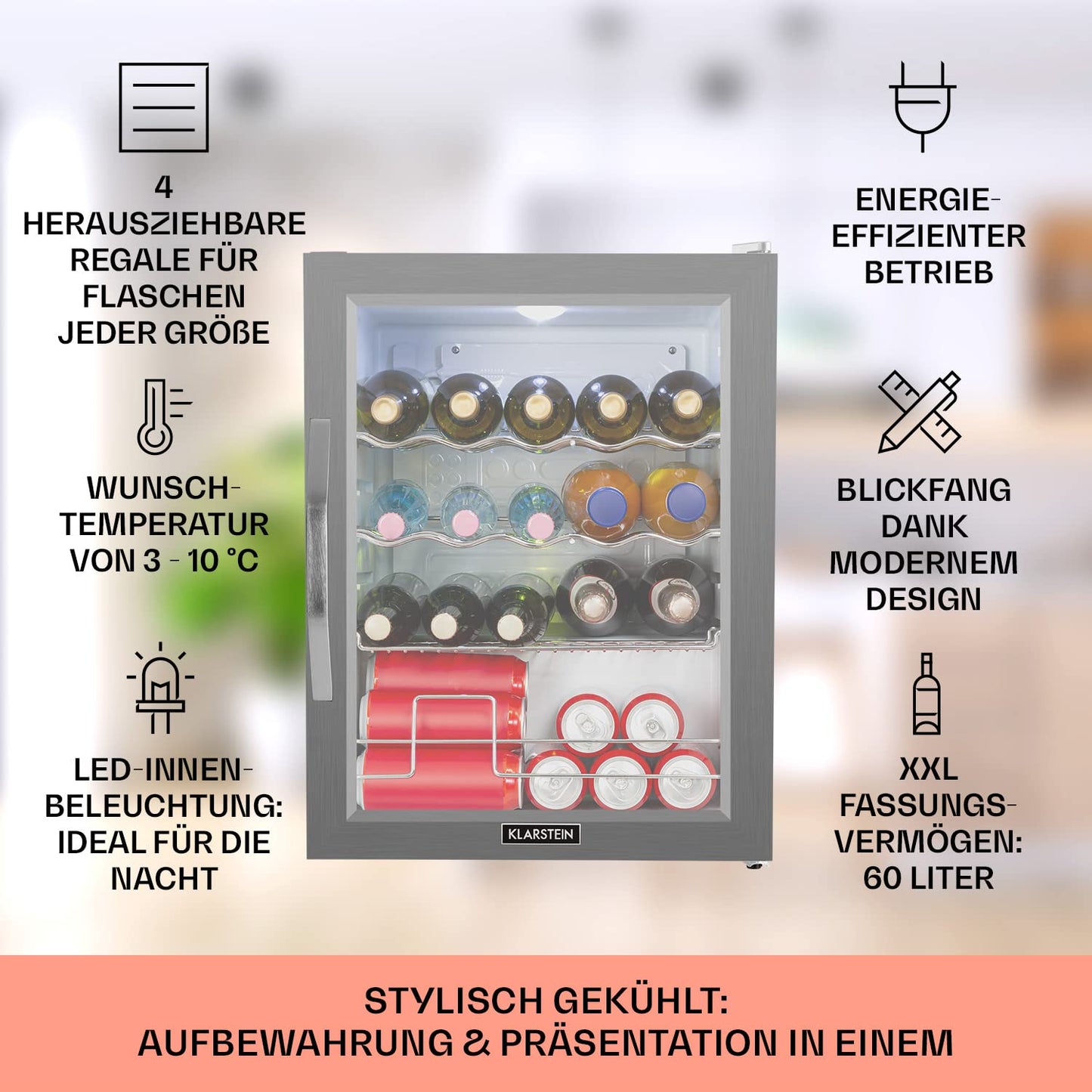 Klarstein Mini Fridge with Glass Door, Mini, for Room, Drinks Fridge Small with Adjustable Shelves, with Waveform Racks, 60 Liter Refrigerator Quiet