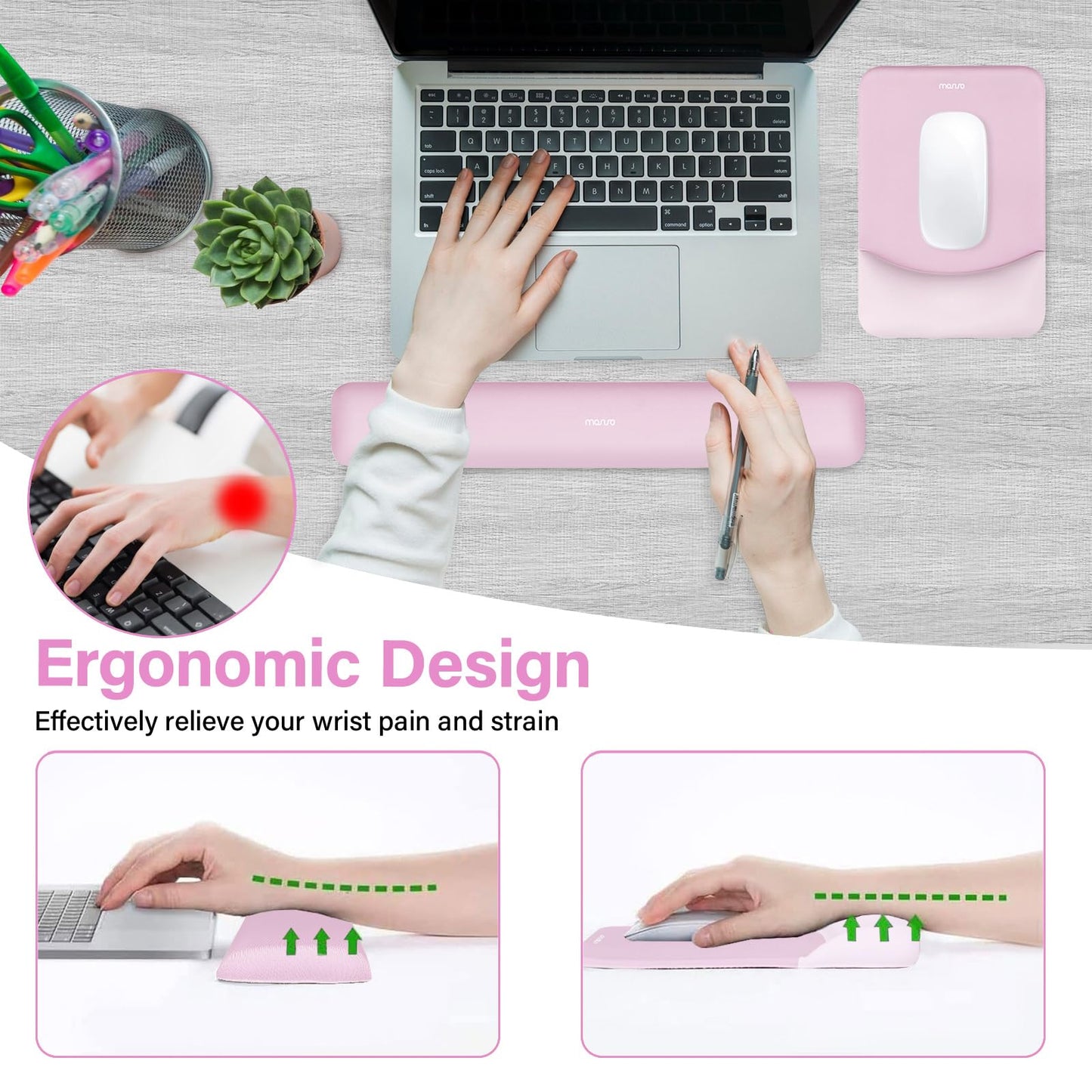 MOSISO Handgelenkstütze für Mauspad&Tastatur Set, Rechteckig Ergonomisch Mauspad Rutschfest Basis Home/Büro Schmerzlinderung&Typing Kissen mit Neopren Cloth&Erhöht Gebogen Memory Schaum,Grün