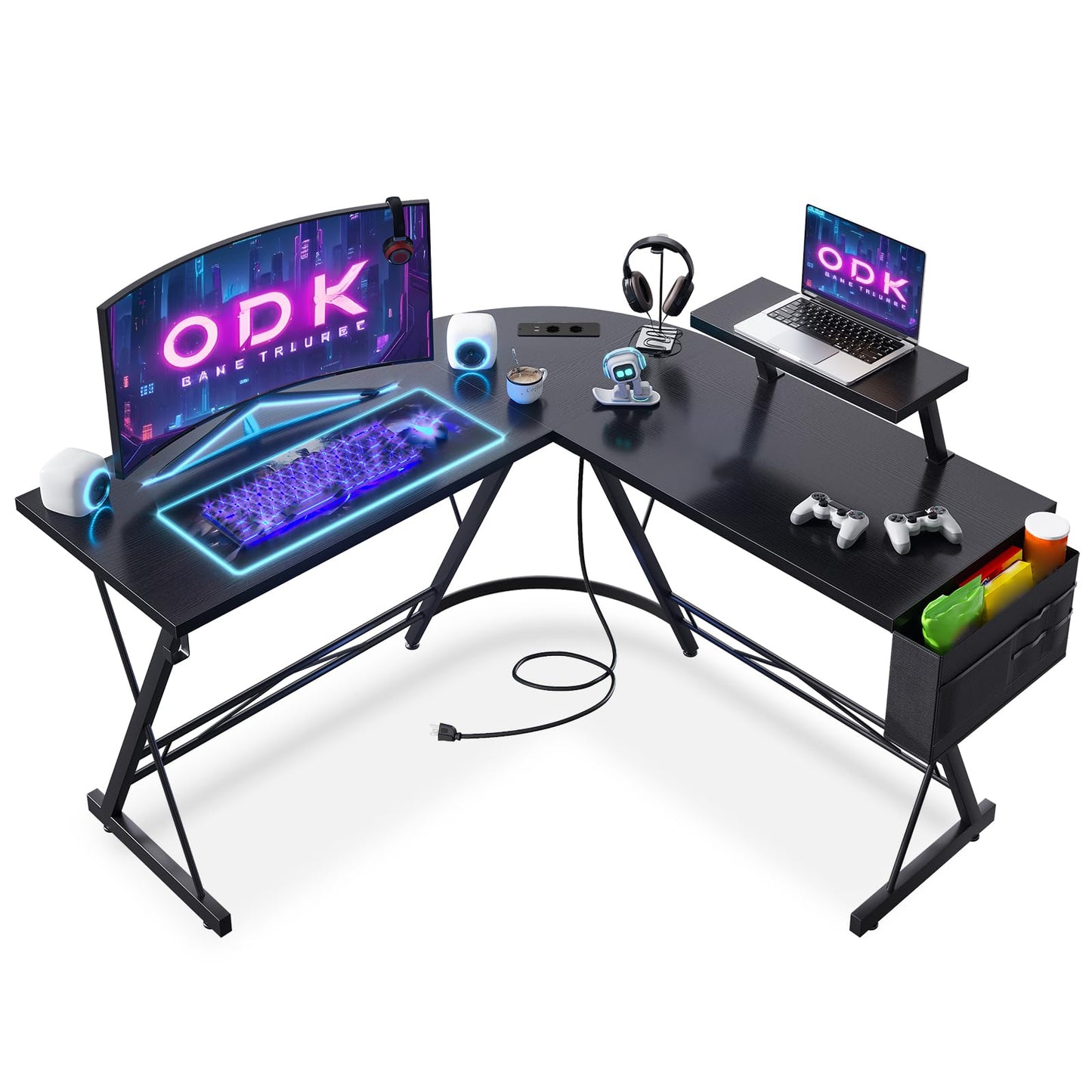 ODK Gaming Tisch, Computertisch mit 2 Steckdosen und 2 USB Ladeanschluss, Gaming Schreibtisch mit runder Ecke, Gaming-Tisch mit Monitorablage, 127 x 127cm (Schwarz)