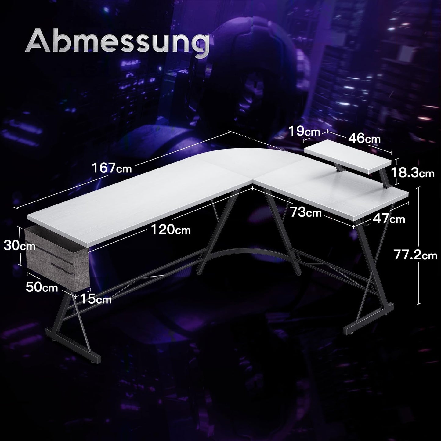 ODK Gaming Tisch, Gaming Schreibtisch Eckschreibtisch für Gamer, Schreibtisch L Form mit Monitorständer für Büro (Schwarz, 127 x 127 cm)