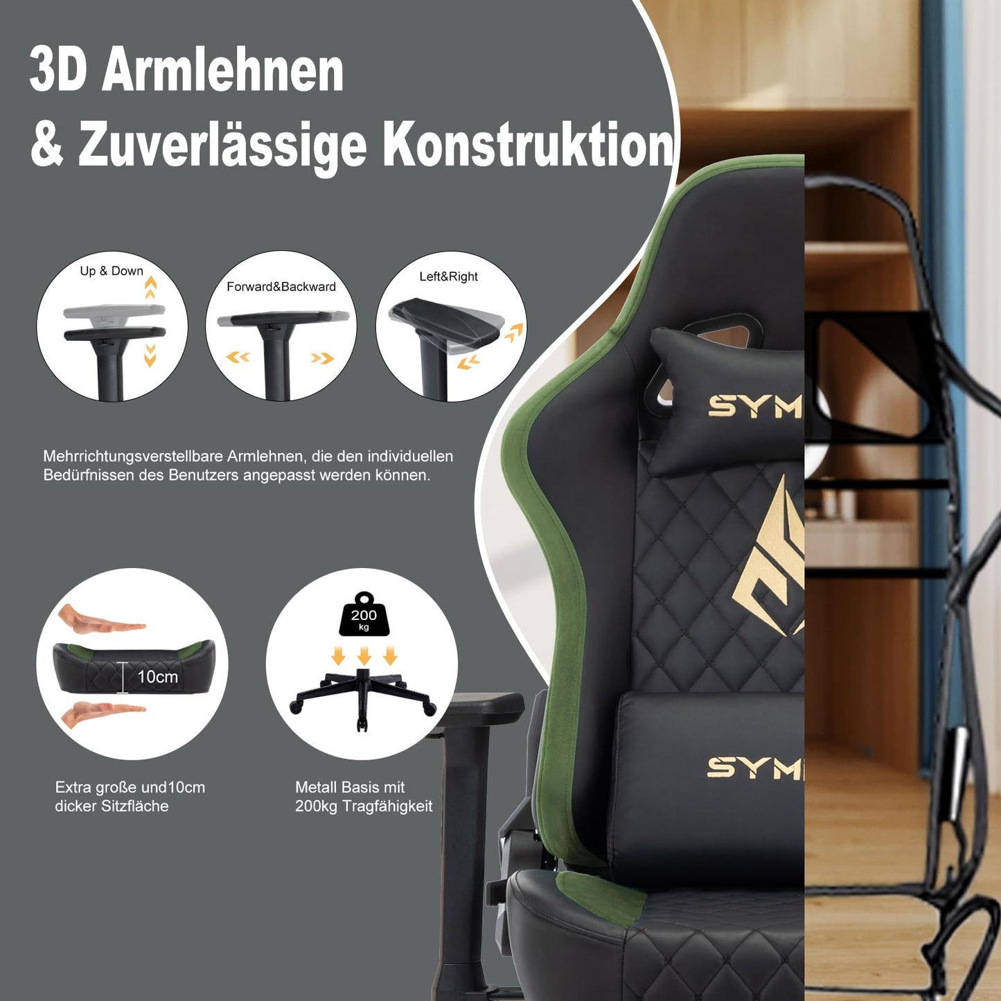 symino Gaming Stuhl, Ergonomischer Bürostuhl, Rennstuhl-Design PC Stuhl, Vintage-PU-Leder, Verstellbarer Drehbarer Task Stühle mit Fußstütze (Schwarz)