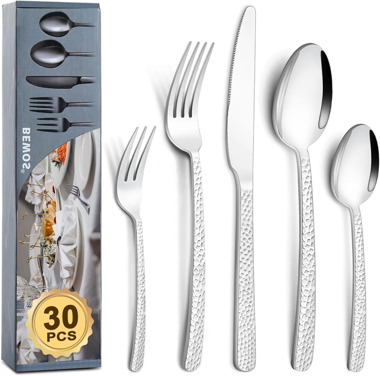 BEWOS Besteck Set für 6 Personen, 30 teilig Essbesteck Set inkl. Messer, Gabel, Löffel, Besteck Edelstahl Spiegelpoliert, Spülmaschinenfest