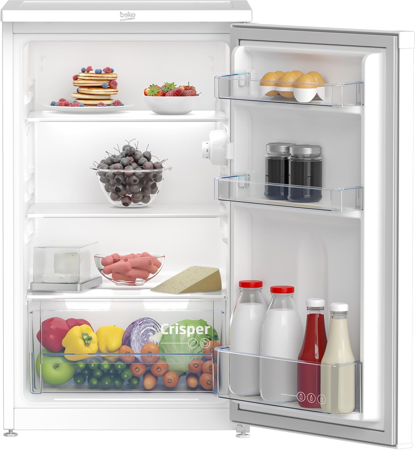 Beko TS190040N freestanding refrigerator, 88 l total capacity, reversible door hinge, good lighting in the device, 38 dB, robust glass shelves, white