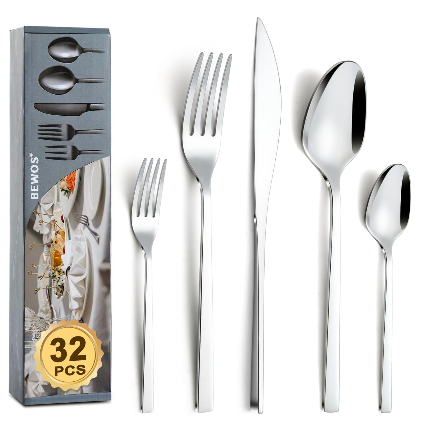 BEWOS Besteck Set für 6 Personen, 30 teilig Essbesteck Set inkl. Messer, Gabel, Löffel, Besteck Edelstahl Spiegelpoliert, Spülmaschinenfest