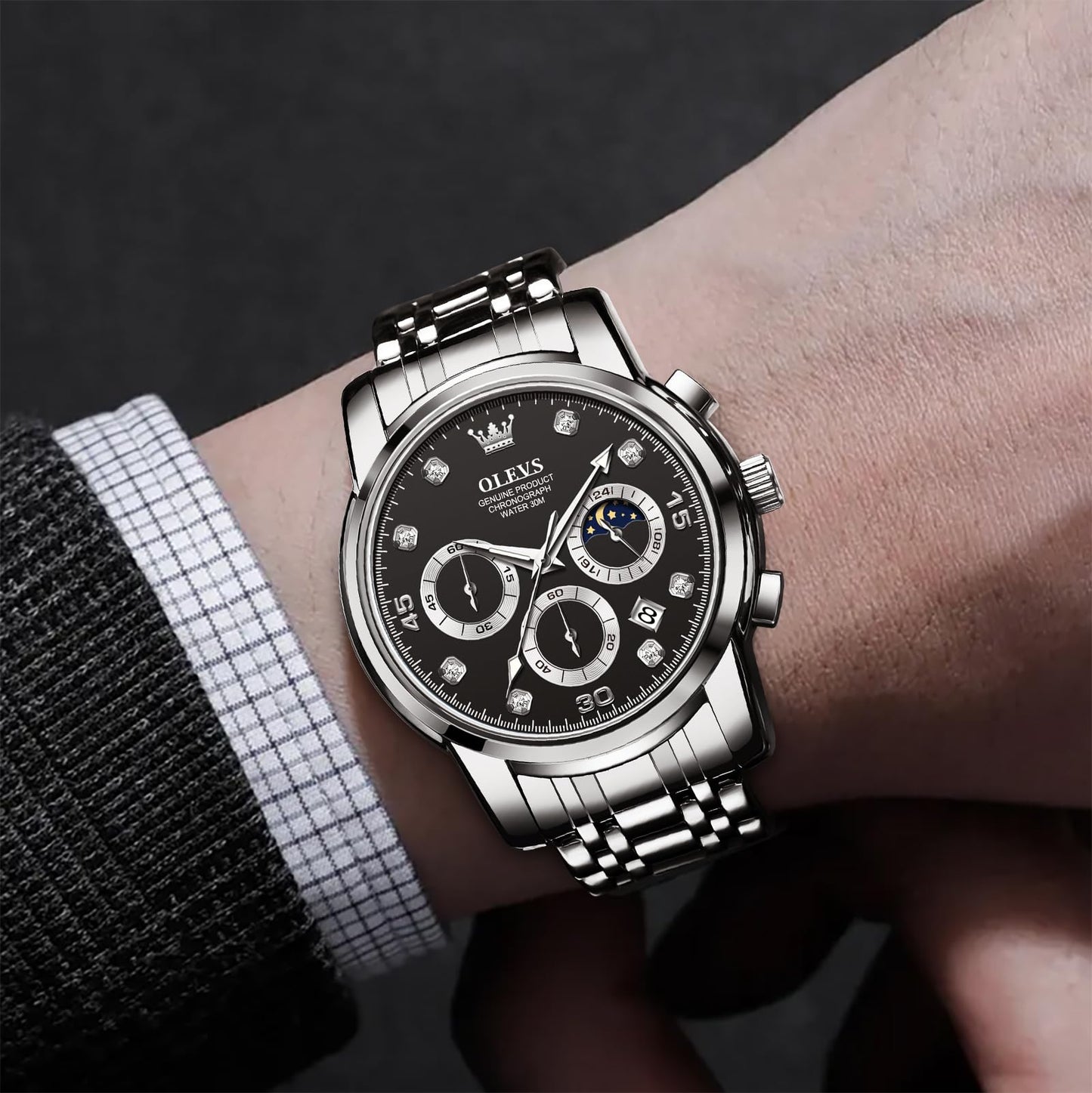 OLEVS Uhren Herren, Edelstahl Analoger Quarzuhr, Multifunktionale Diamanten Herrenuhren, Klassisches Luxuskleid Herrenuhr