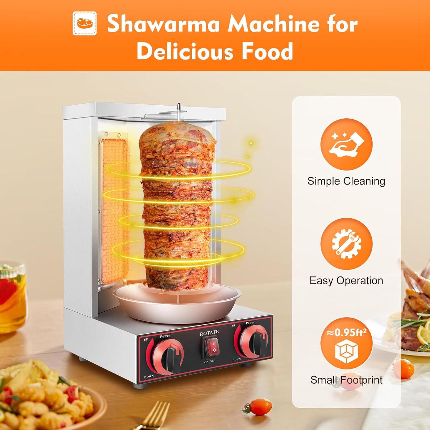 Doner Grill Gas Kebab Machine Vertical Gyros Grill Adjustable Fire Power 360° Rotate Chicken Grill Table Grill Gyros Grill for Home