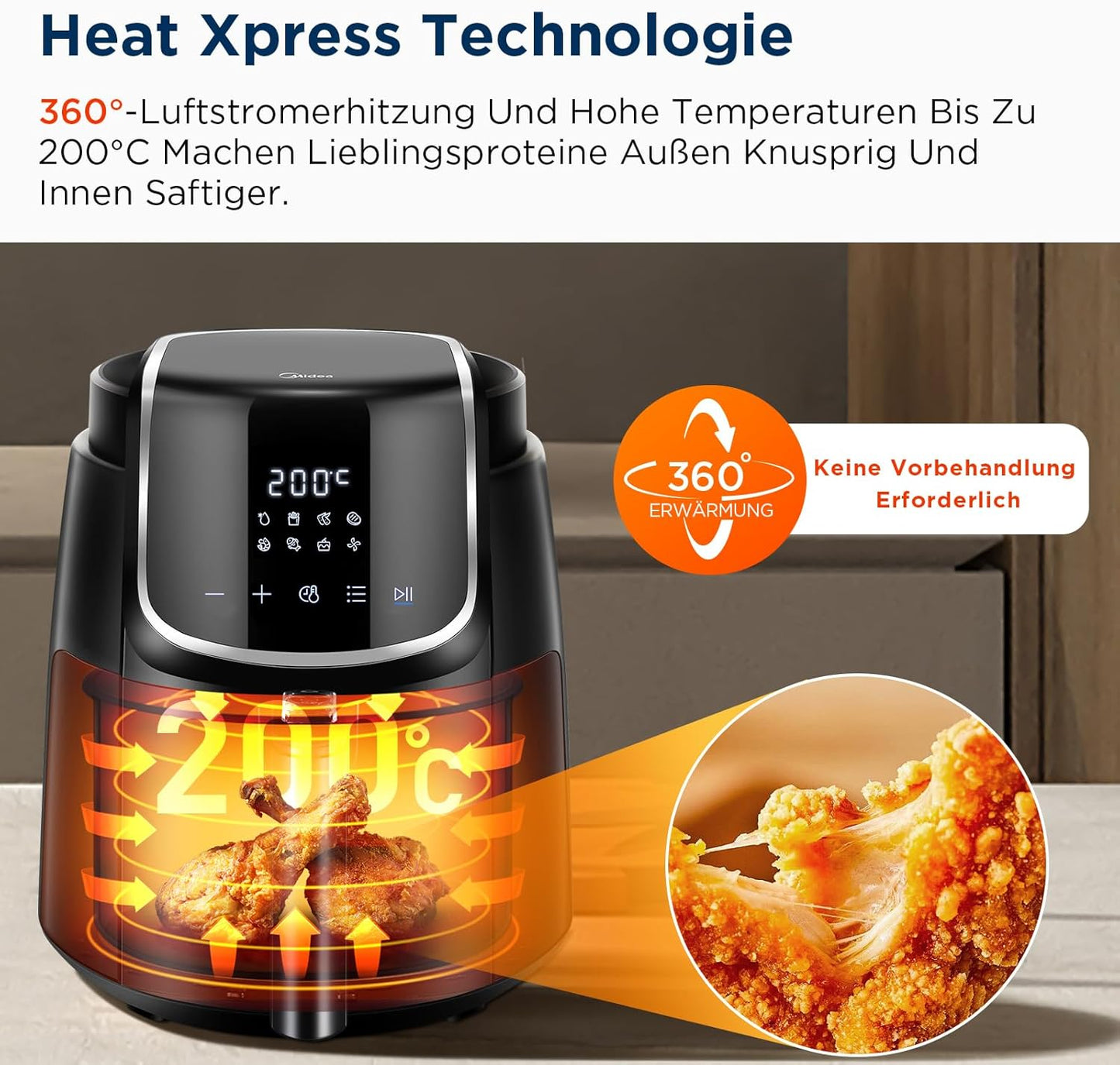 Midea MF-CN40C2 Heißluftfritteuse 4L, Ölfreie Airfryer 1500W, 8 Vorprogrammierte Kochmodi, 35-200℃, Backen, Braten, Grillen, Auftauen, Schüttelalarm, 60-Minuten Timer, 41 Rezepten, Spülmaschinenfest