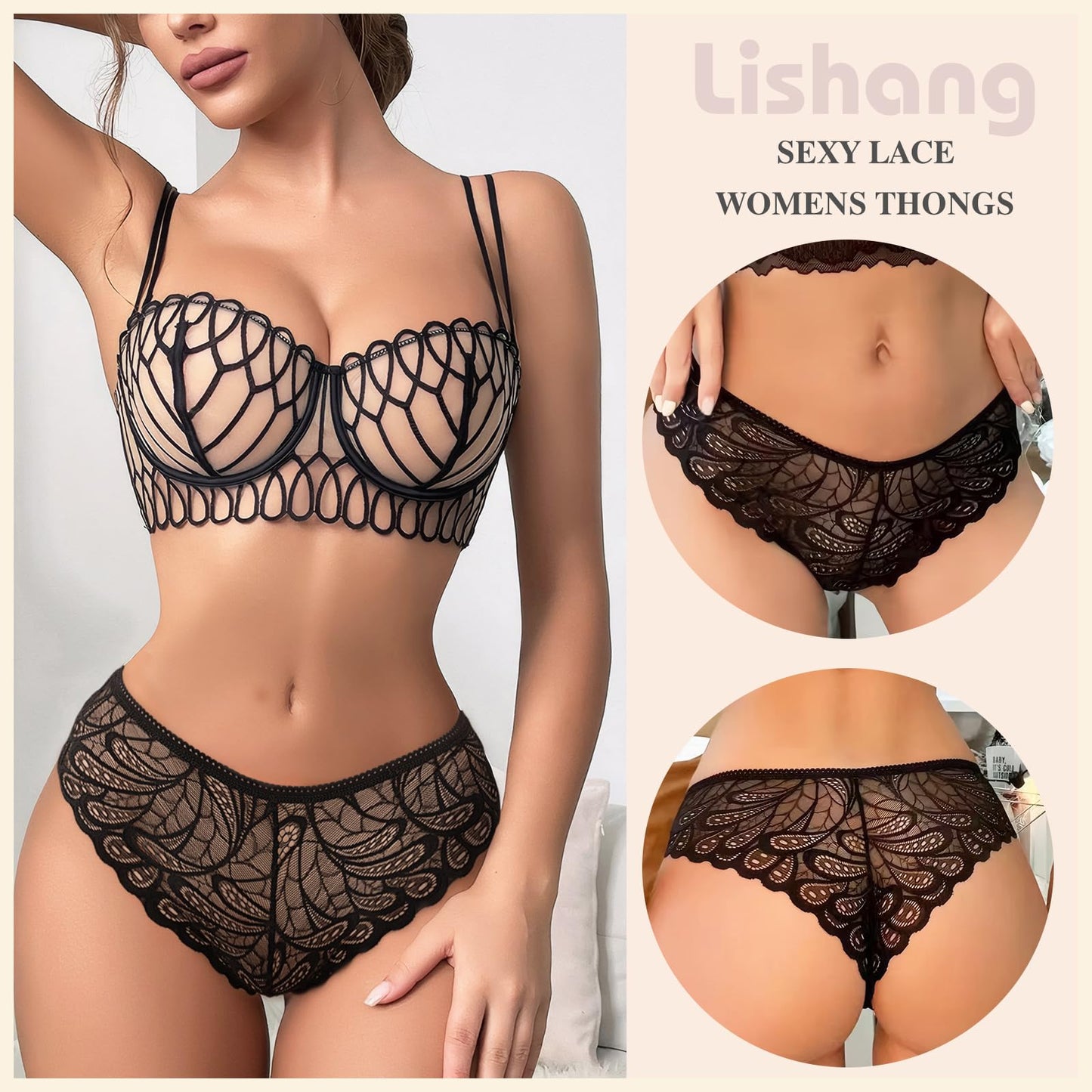 Lishang Women's Lace Thong 5-Pack - Sexy Low Waist Lingerie