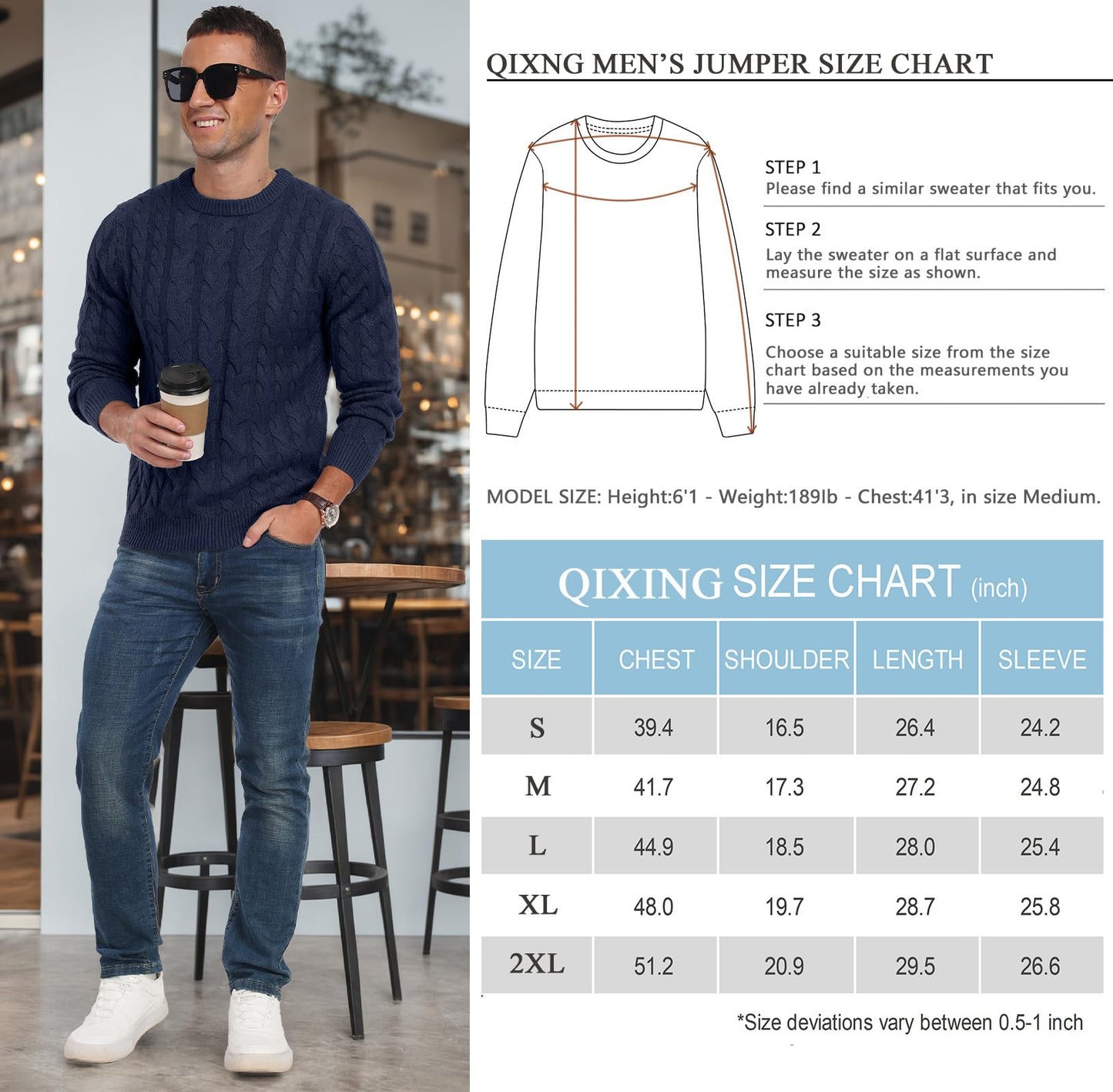 QIXING Men’s Cable Knit Sweater – Chunky Crewneck Pullover