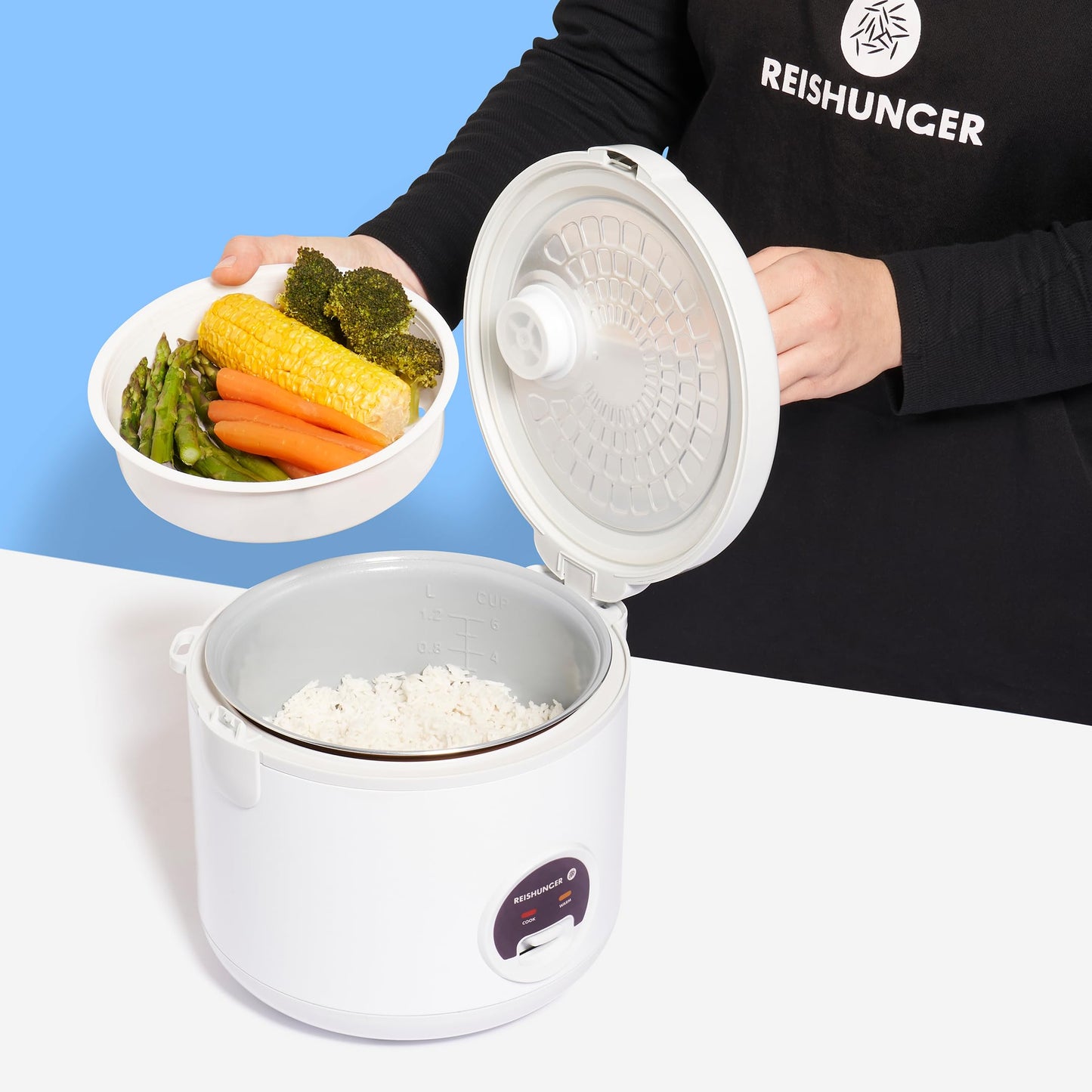 REISHUNGER Reiskocher & Dampfgarer mit Keramikbeschichtung - 1,2 L, Schwarz - Für 1-6 Personen - Schnelle Zubereitung ohne Anbrennen - Mit Warmhaltefunktion inkl. Dämpfeinsatz, Löffel & Messbecher