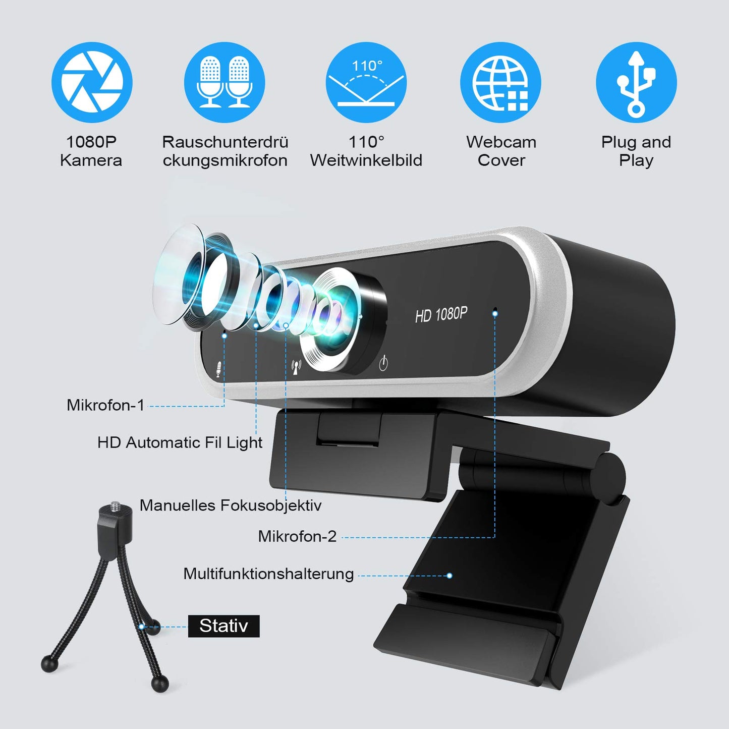 Webcam 1080P mit Mikrofon und Webcam Abdeckung, Stativ, Plug & Play, mit automatischer Lichtkorrektur, für Laptop, PC, Desktop, für Live-Streaming, Videoanruf, Konferenz, Online-Unterricht, Spiel