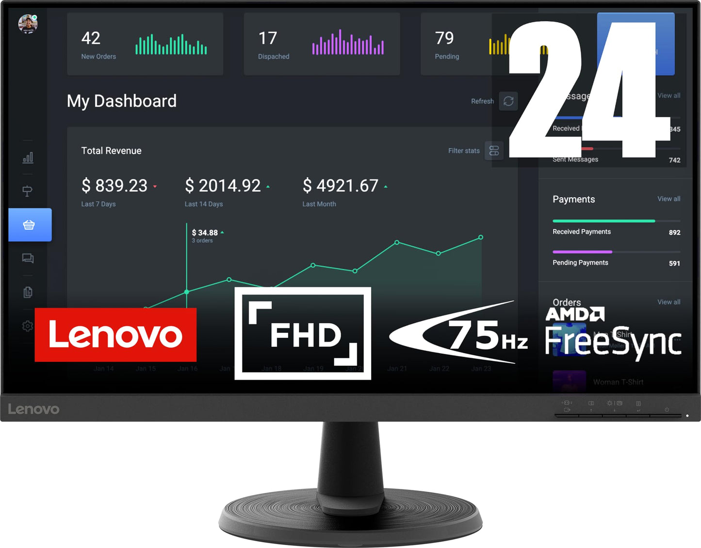 Lenovo D27-45 Monitor | 27" Full HD Monitor | 1920x1080 | 75Hz | 250 nits | 4ms Reaktionszeit | VA-Panel | HDMI | VGA | AMD Radeon FreeSync | entspiegelt | 4,6kg | schwarz