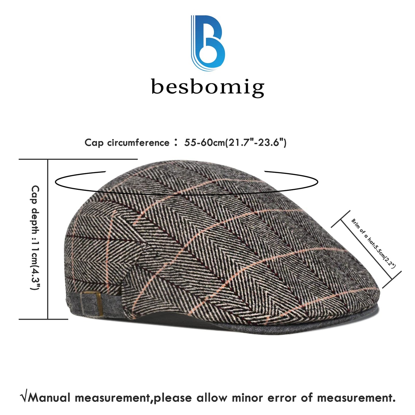 besbomig Schiebermütze Barret Flat Cap Schirmmütze für Herren Damen, Gatsby Newsboy Cap Baskenmützen Golfermütze, Frühling Herbst Winter, 55-59cm