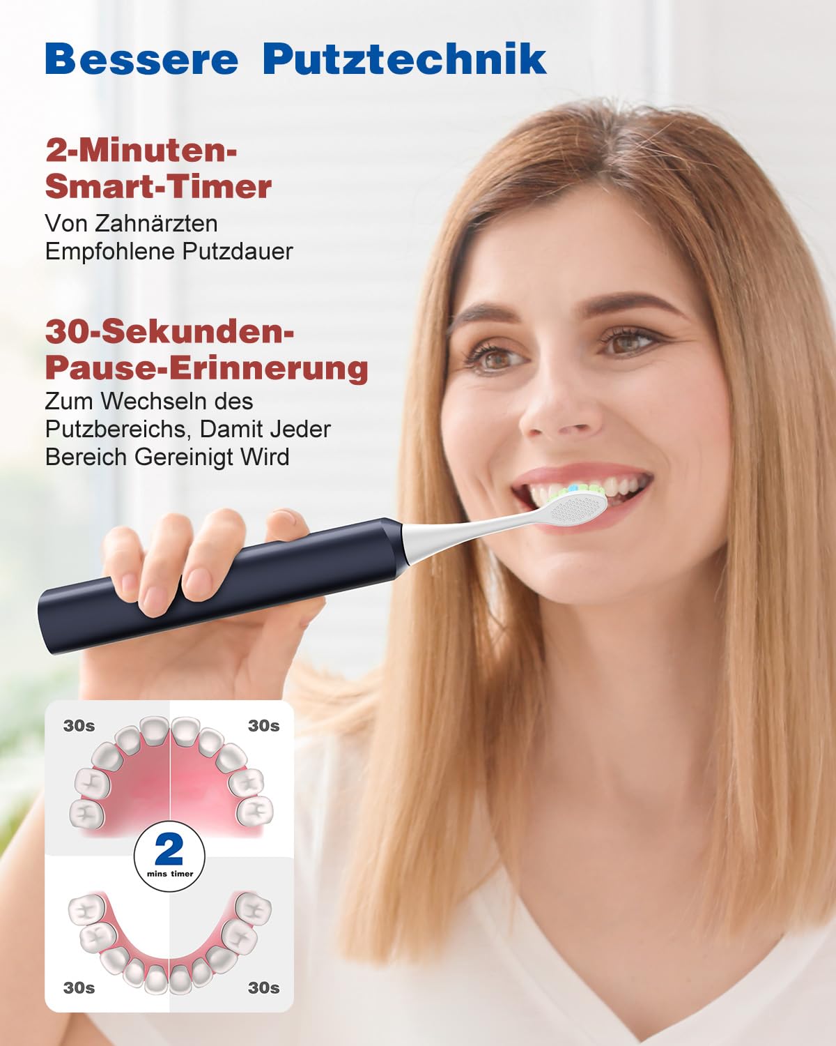 Elektrische Zahnbürste, Schallzahnbürste, Zahnbürste Elektrisch 45000VPM, Aufhellung Der Zähne In 1 Woche, 120 Tage Akkulaufzeit, Batteriestandsanzeige, 6 DuPont-Bürstenköpfe, 5 Modi, Timer, Schwarz