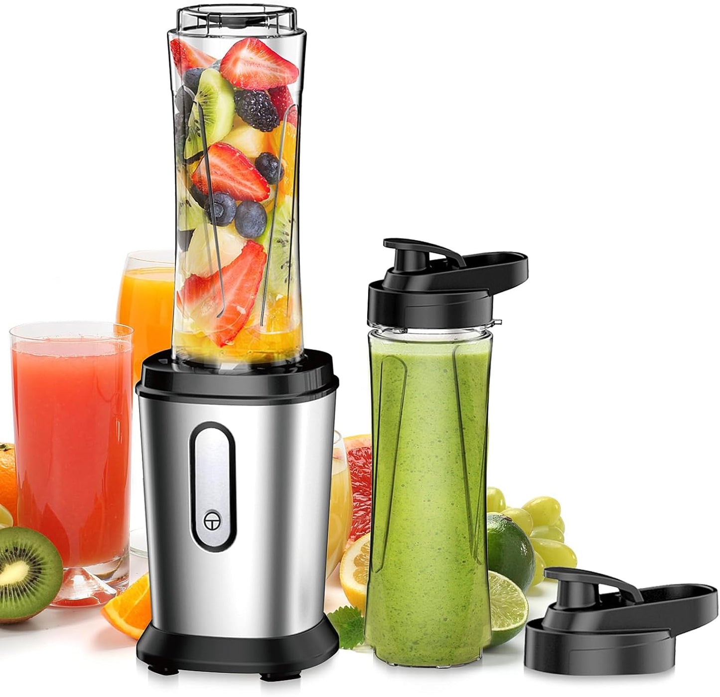 Mixer, 500W Mini Standmixer & Smoothie Maker mit 2x600ml Flaschen BPA frei Tritan, Tragbarer Mixer Smoothie Maker aus Edelstahl 4-Blatt für Shake, Smoothie und Babynahrung, Silber