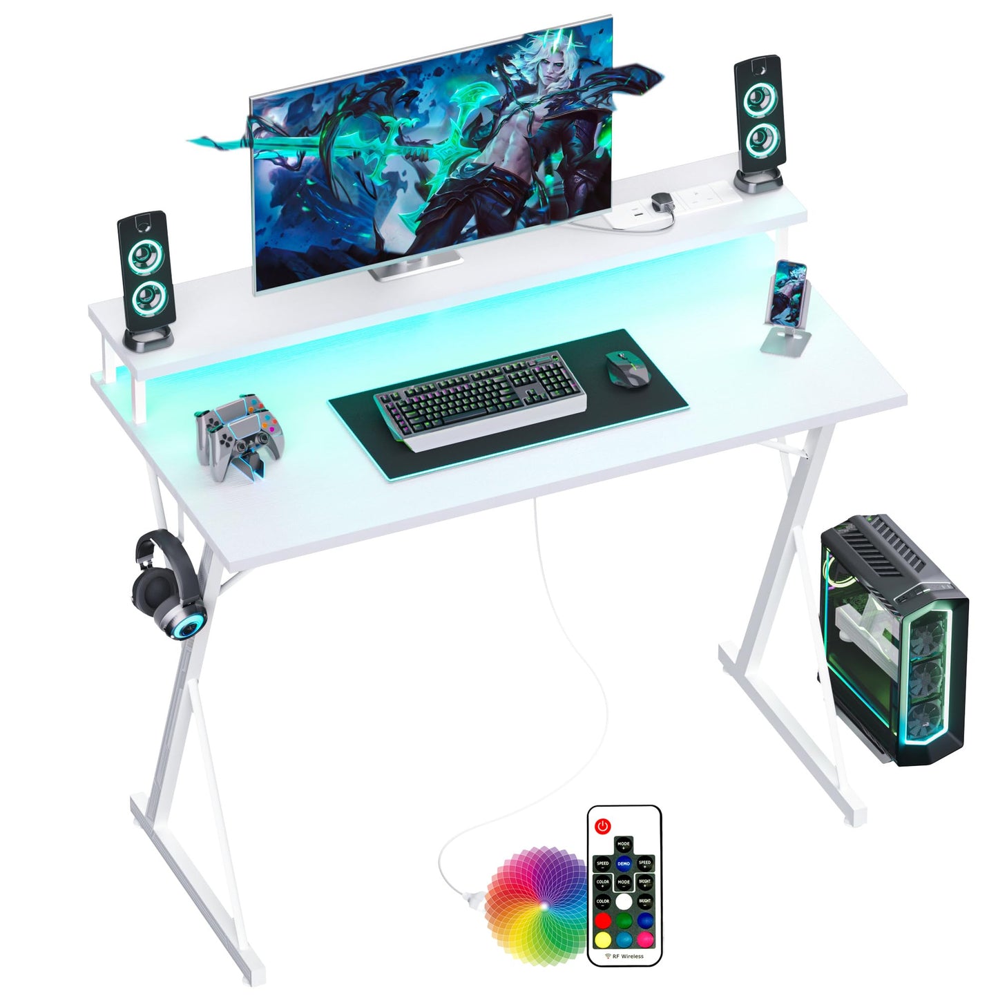 BEXEVUE Gaming Schreibtisch mit Steckdosenleiste LED – 100x50 cm Ergonomic Computer Gamer Tisch, Großer PC Monitorständer, Moderner X Rahmen, Kopfhörerhaken, Studium Arbeit Zuhause Schlafzimmer