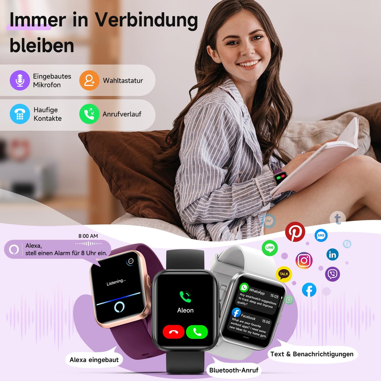 Smartwatch Damen Herren, Smart Watch mit Telefonfunktion Alexa, 1,8" Fitnessuhr Damen Sportuhr mit 100 Sportmodi & IP68, Herzfrequenz SpO2 Schlafmonitor, Armbanduhr Schrittzähler Uhr für Android iOS