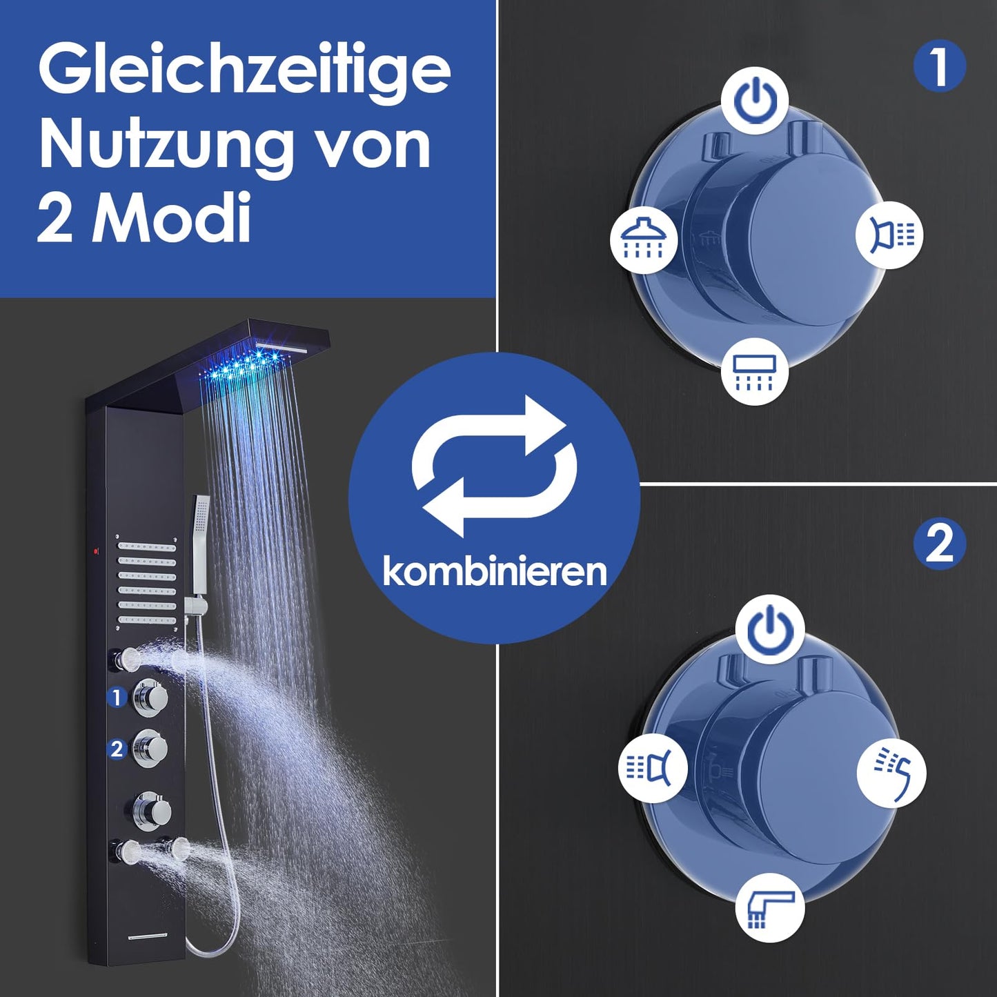 LED Duschpaneel mit Thermostat, OUGOO 6 Funktionen Duschpaneel mit Armatur, Regendusche, Wasserfalldusche, 2-Typ-Massagedüsen, Handbrause und Badewanneneinlauf, 304 Edelstahl, Schwarz