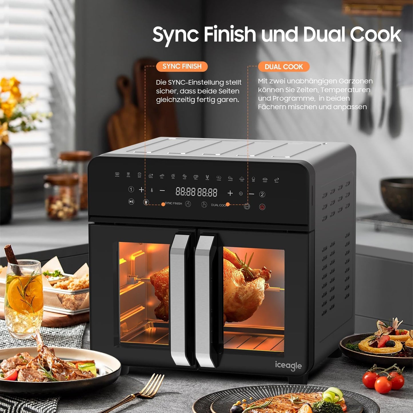iceagle Heißluftfritteuse 6,5 L Airfryer XL - Fritteuse Ohne Fett mit Metallinnenraum | 1700W Heissluftfriteuse mit 8 Kochprogramme, Digitalem Display, mit deutschem Rezeptbuch